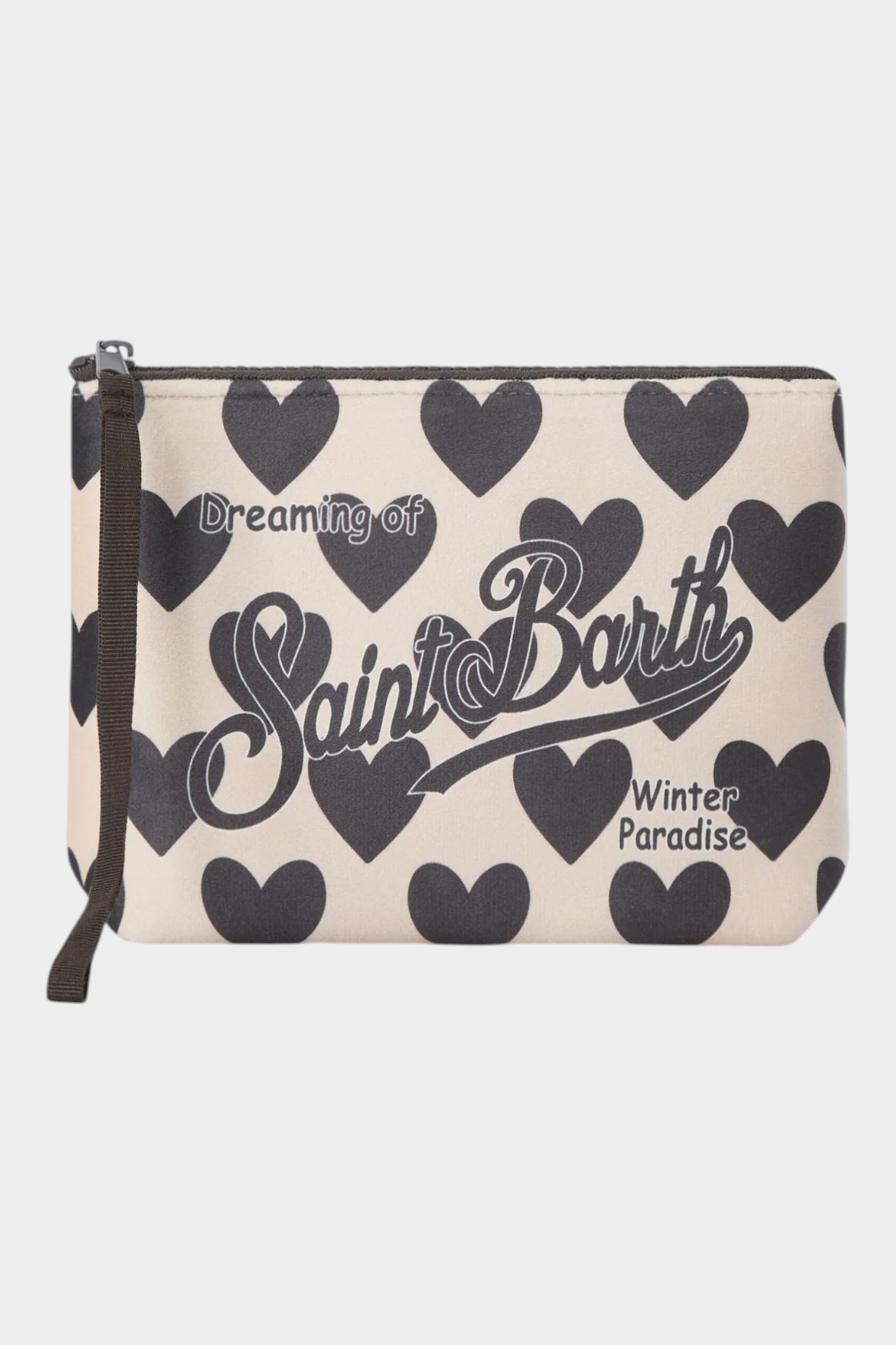 Pochette Follower SRL Aline beige con stampa di cuori neri e logo MC2 Saint Barth, dimensioni 21x15,5x7 cm