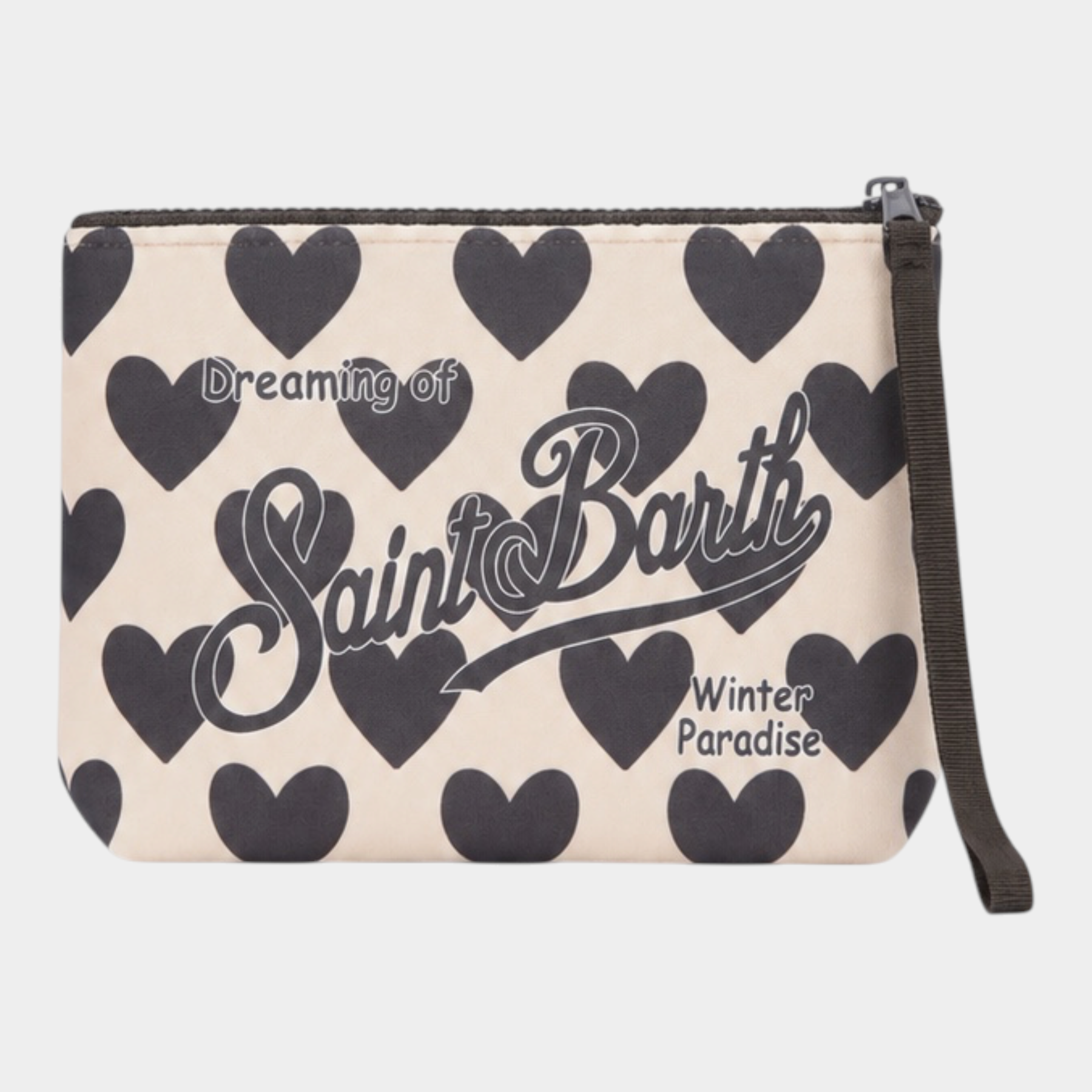 Pochette Follower SRL Aline beige con stampa di cuori neri e logo MC2 Saint Barth, dotata di cinturino da polso