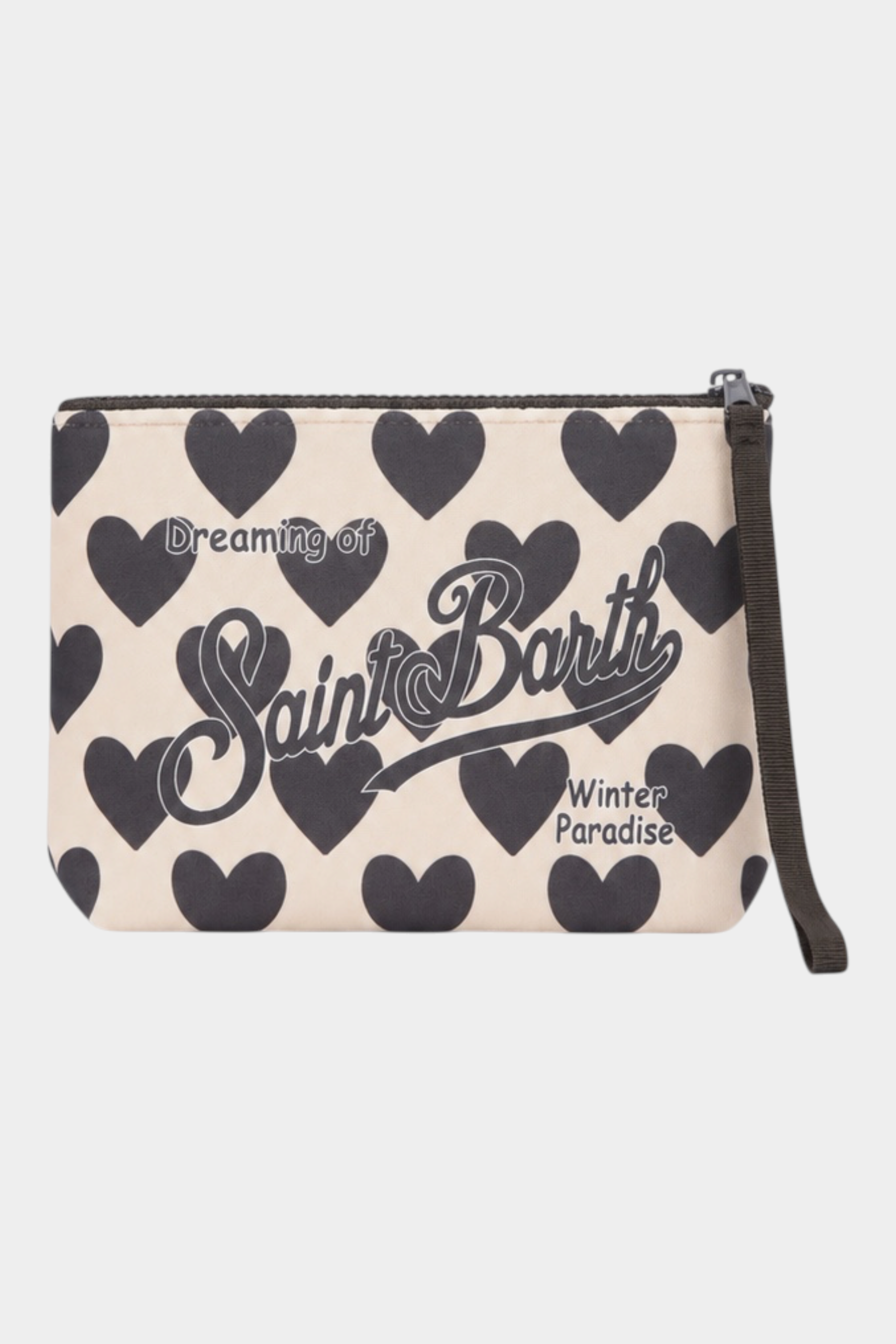 Pochette Follower SRL Aline beige con stampa di cuori neri e logo MC2 Saint Barth, dotata di cinturino da polso