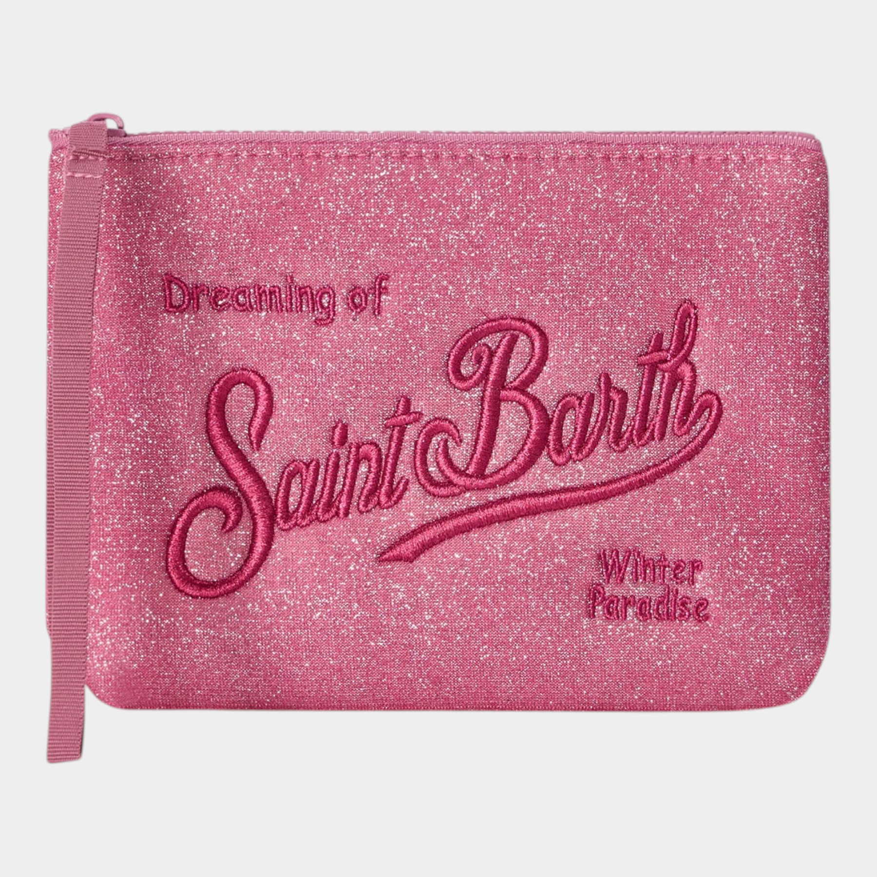 Pochette Follower SRL Aline fucsia in tessuto lurex con ricamo Saint Barth e chiusura a zip