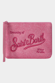 Pochette Follower SRL Aline fucsia in tessuto lurex con ricamo Saint Barth e chiusura a zip