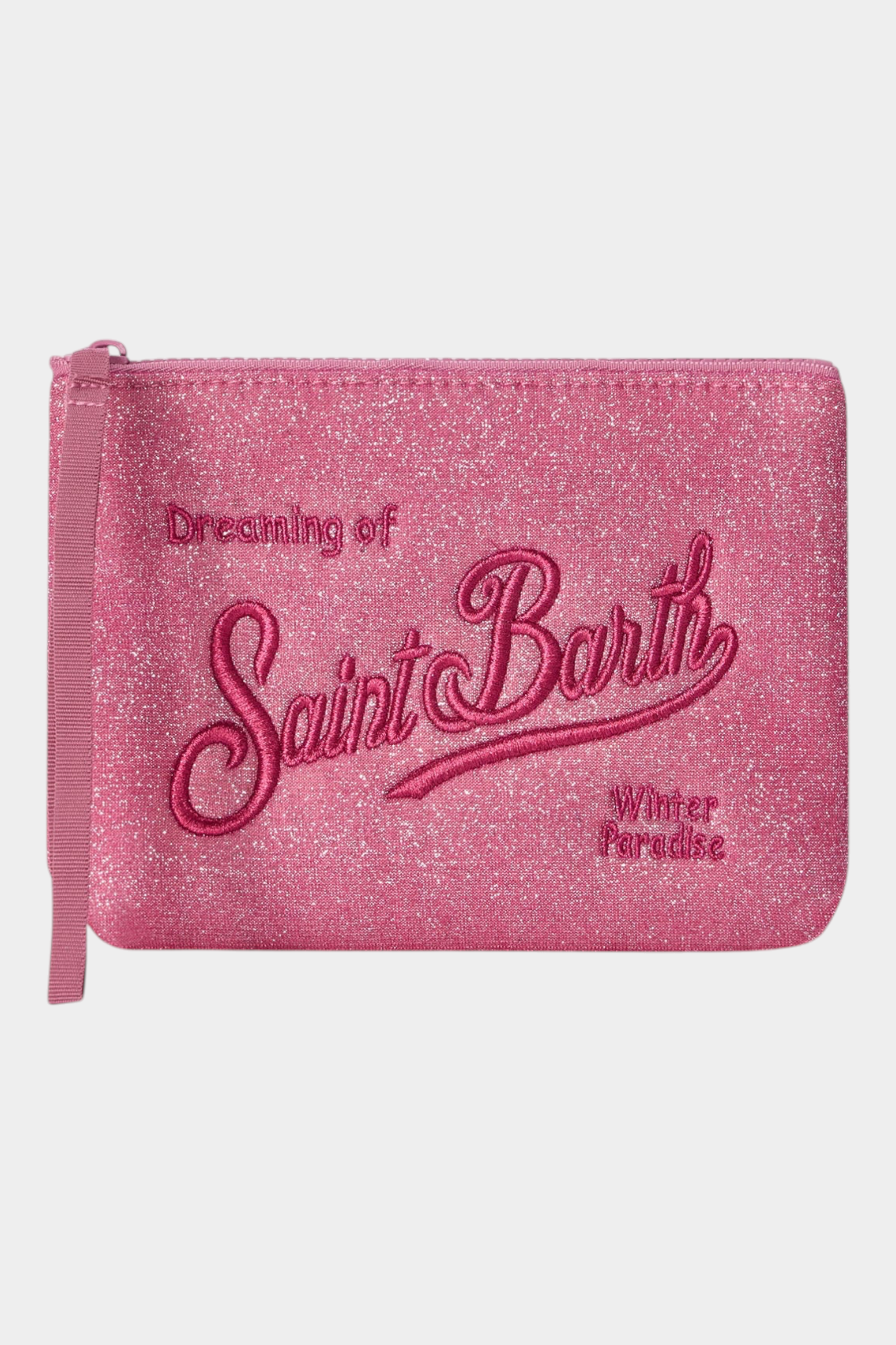 Pochette Follower SRL Aline fucsia in tessuto lurex con ricamo Saint Barth e chiusura a zip