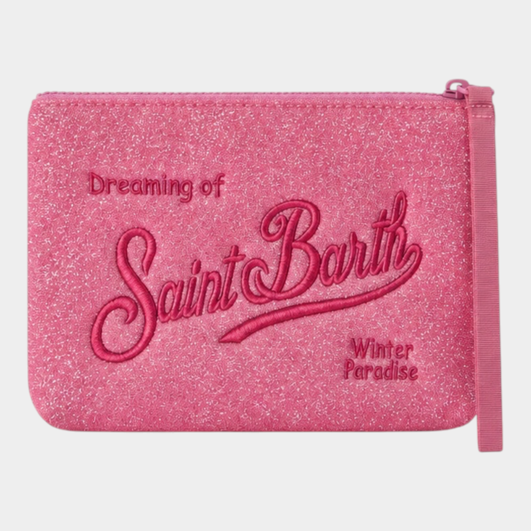 Pochette Follower SRL Aline fucsia in tessuto lurex con ricamo Saint Barth e chiusura a zip