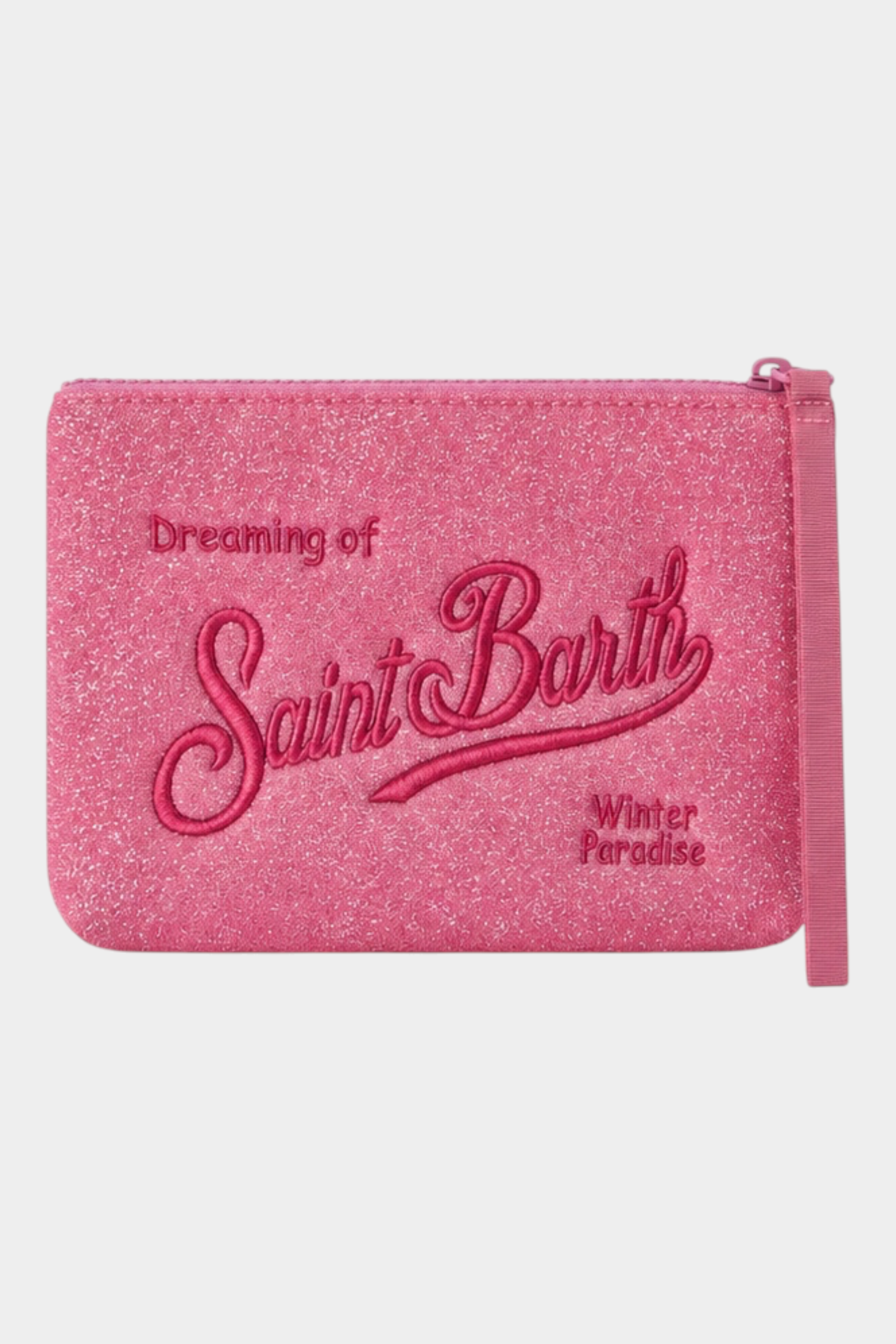 Pochette Follower SRL Aline fucsia in tessuto lurex con ricamo Saint Barth e chiusura a zip