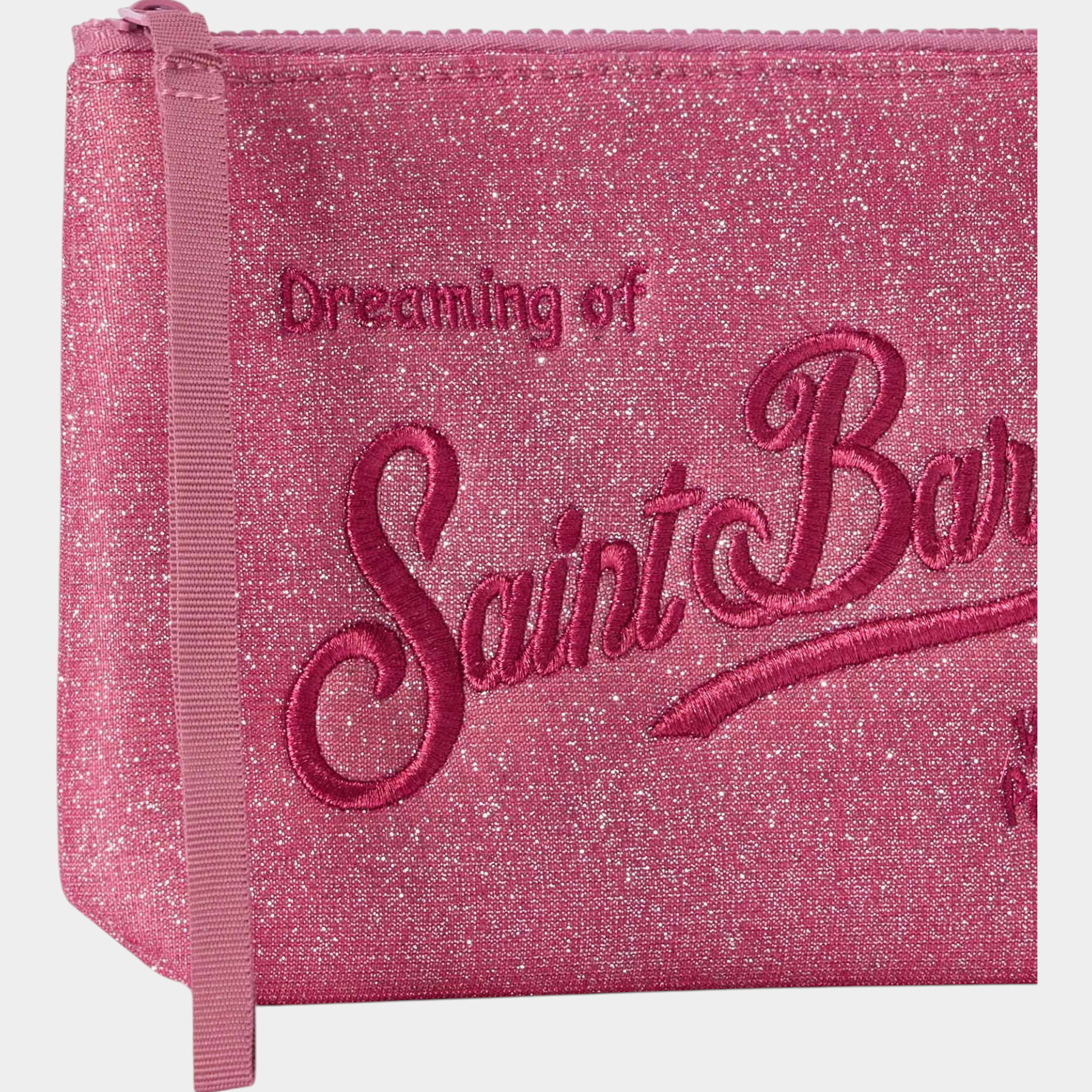 Pochette Follower SRL Aline fucsia con finitura lurex brillante e ricamo Dreaming of Saint Barth