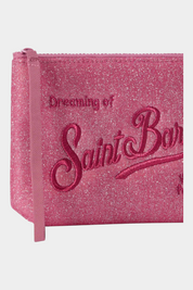 Pochette Follower SRL Aline fucsia con finitura lurex brillante e ricamo Dreaming of Saint Barth