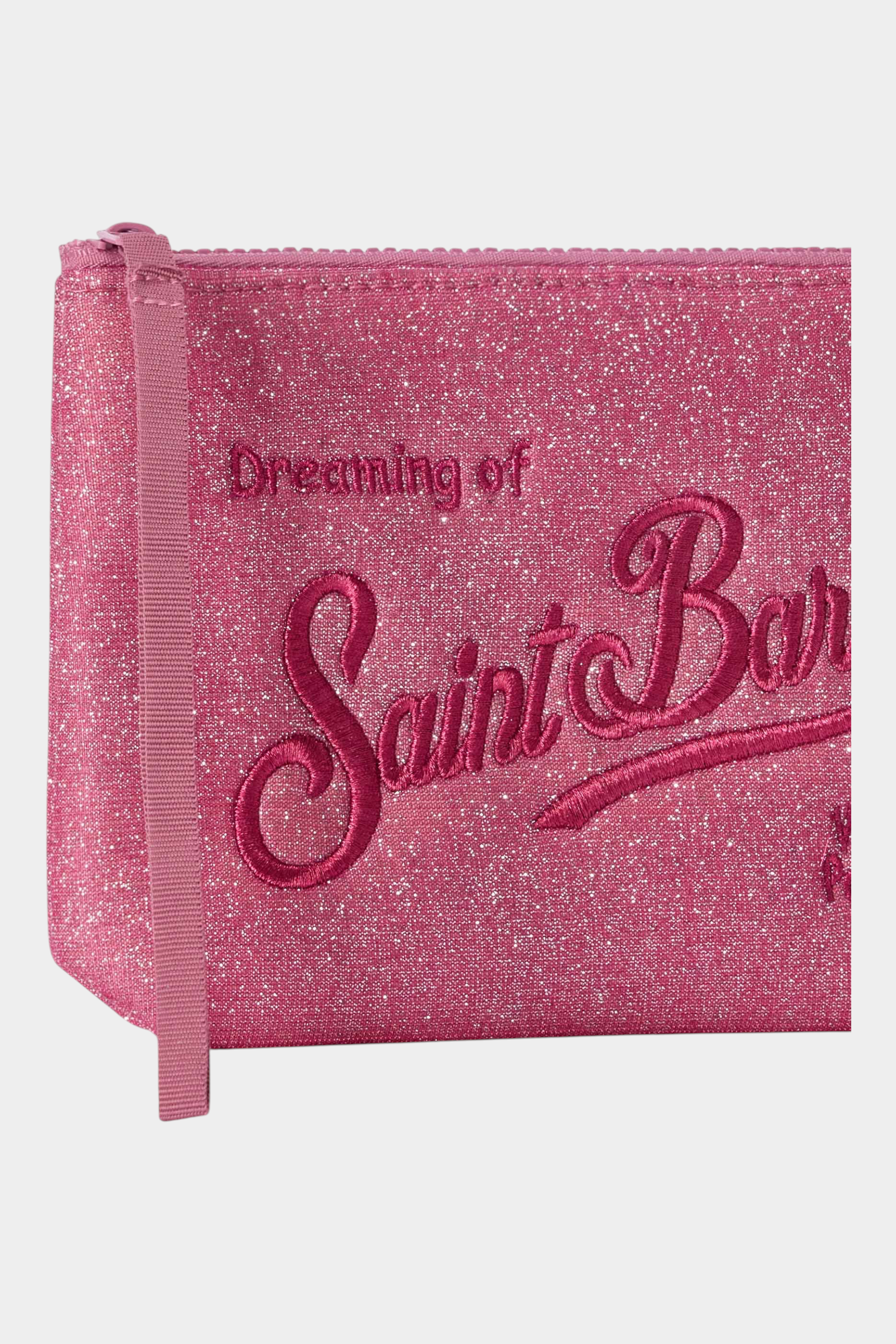 Pochette Follower SRL Aline fucsia con finitura lurex brillante e ricamo Dreaming of Saint Barth