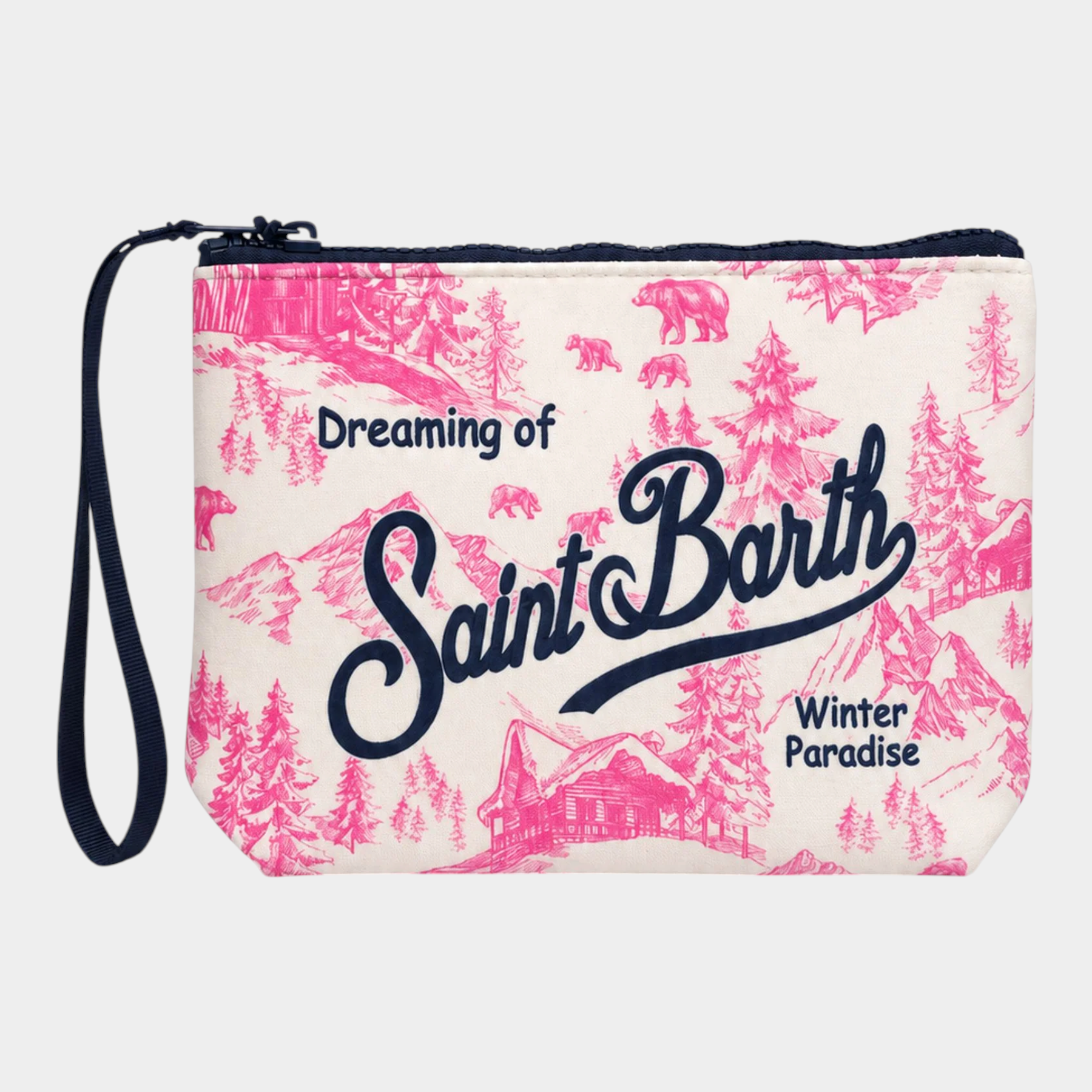 Pochette Follower SRL Aline fucsia con stampa Toile de Jouy Winterland e logo Saint Barth, dotata di cinturino