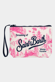 Pochette Follower SRL Aline fucsia con stampa Toile de Jouy Winterland e logo Saint Barth, dotata di cinturino