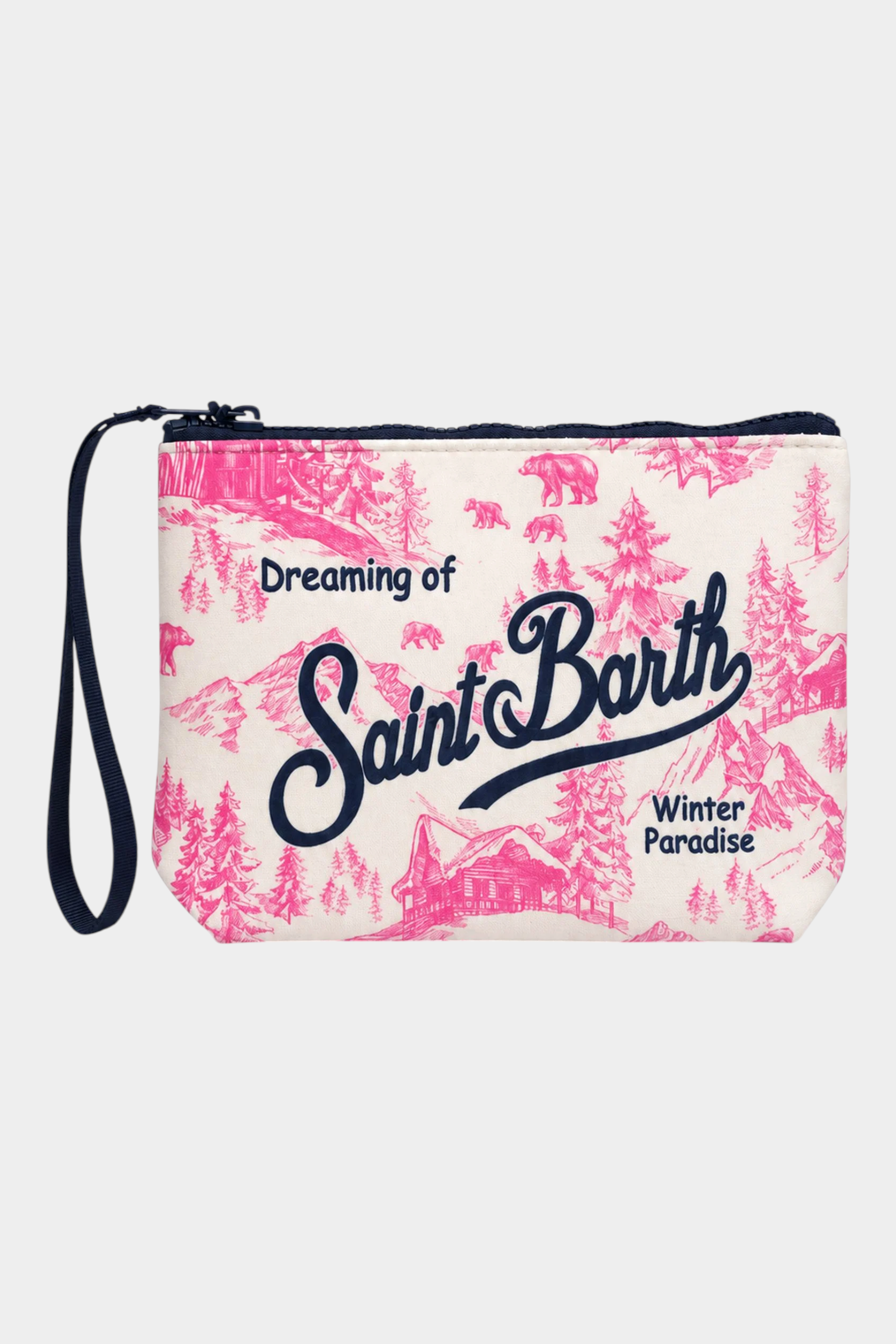 Pochette Follower SRL Aline fucsia con stampa Toile de Jouy Winterland e logo Saint Barth, dotata di cinturino