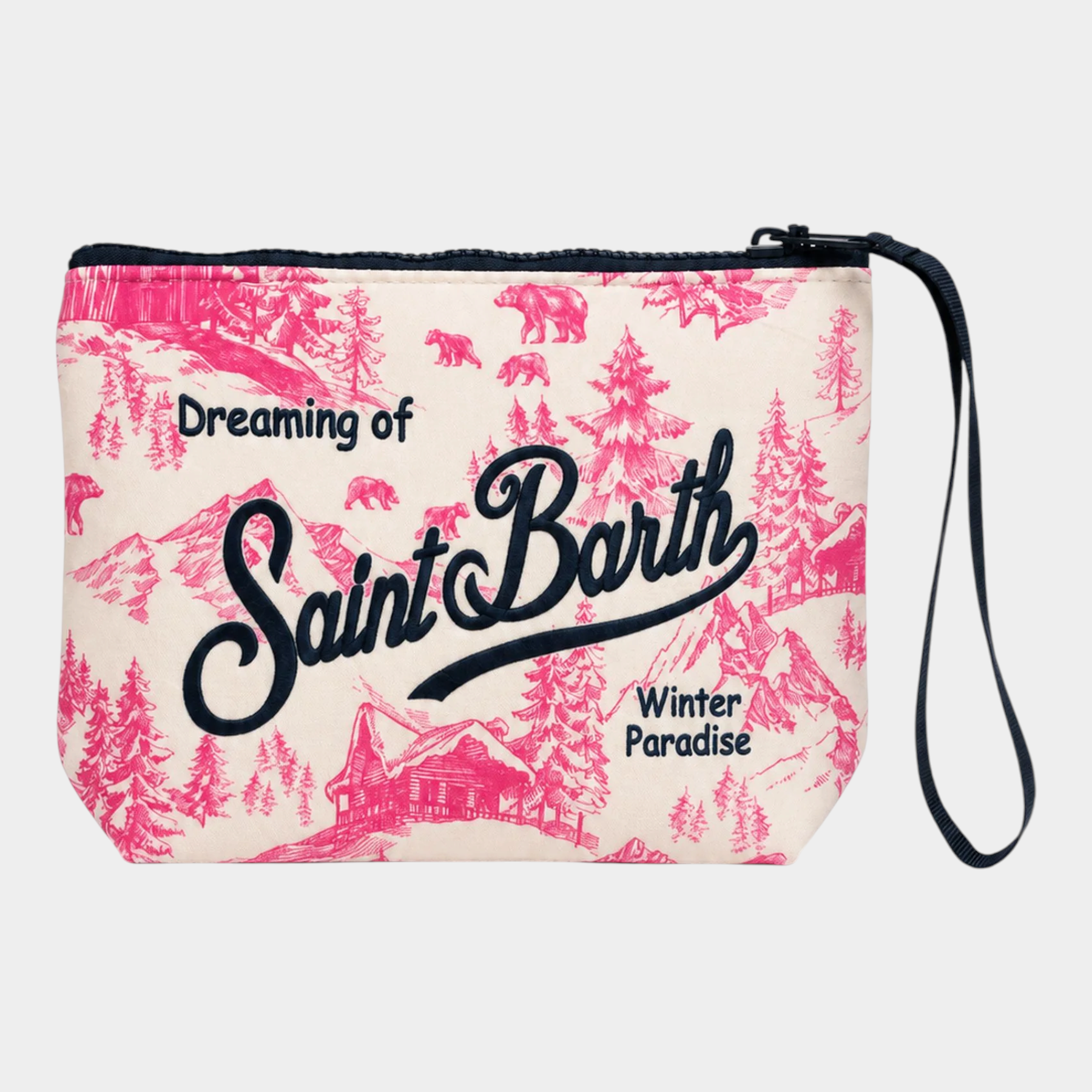 Pochette Follower SRL Aline con stampa Toile de Jouy Winterland fucsia e panna con cinturino da polso