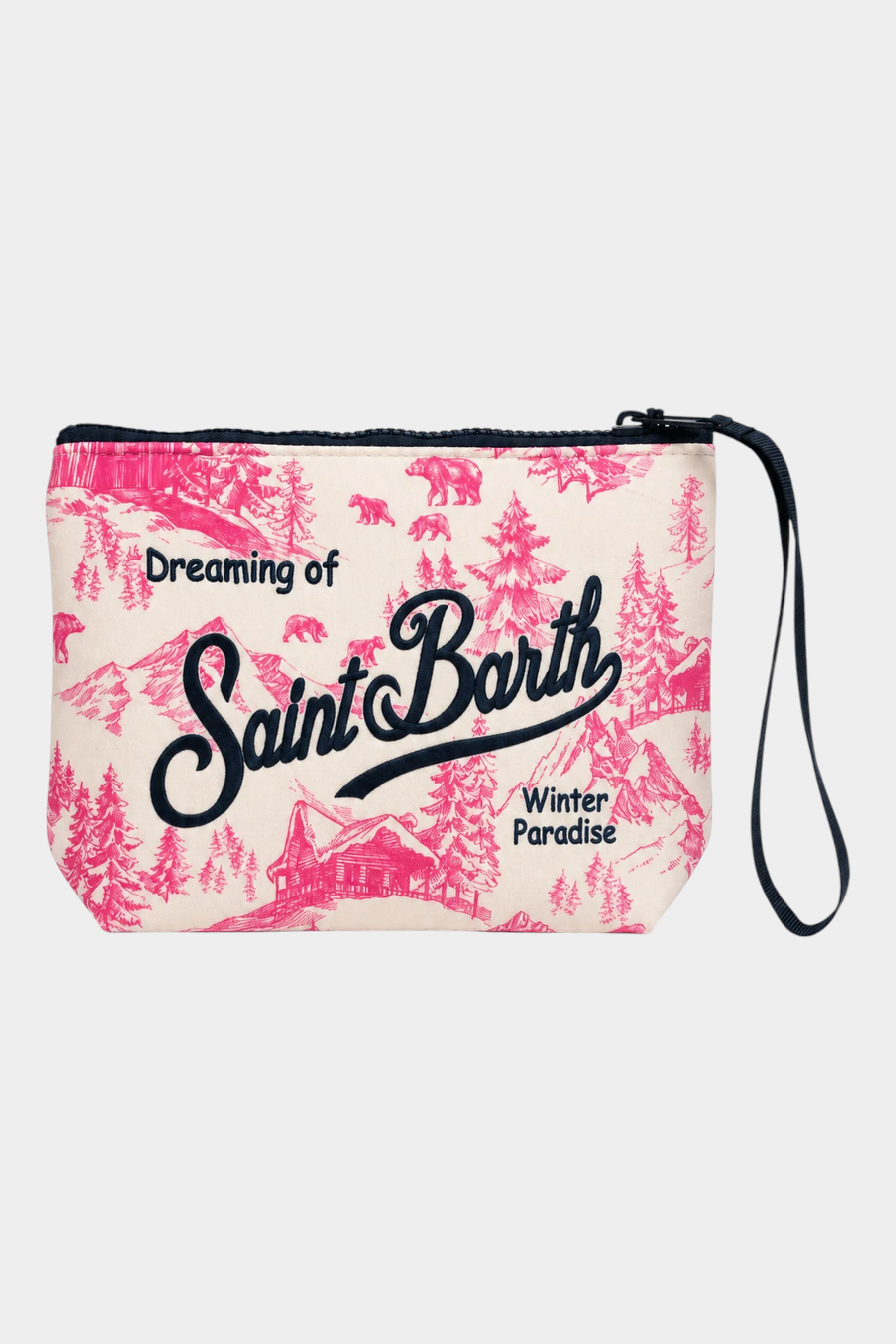 Pochette Follower SRL Aline con stampa Toile de Jouy Winterland fucsia e panna con cinturino da polso