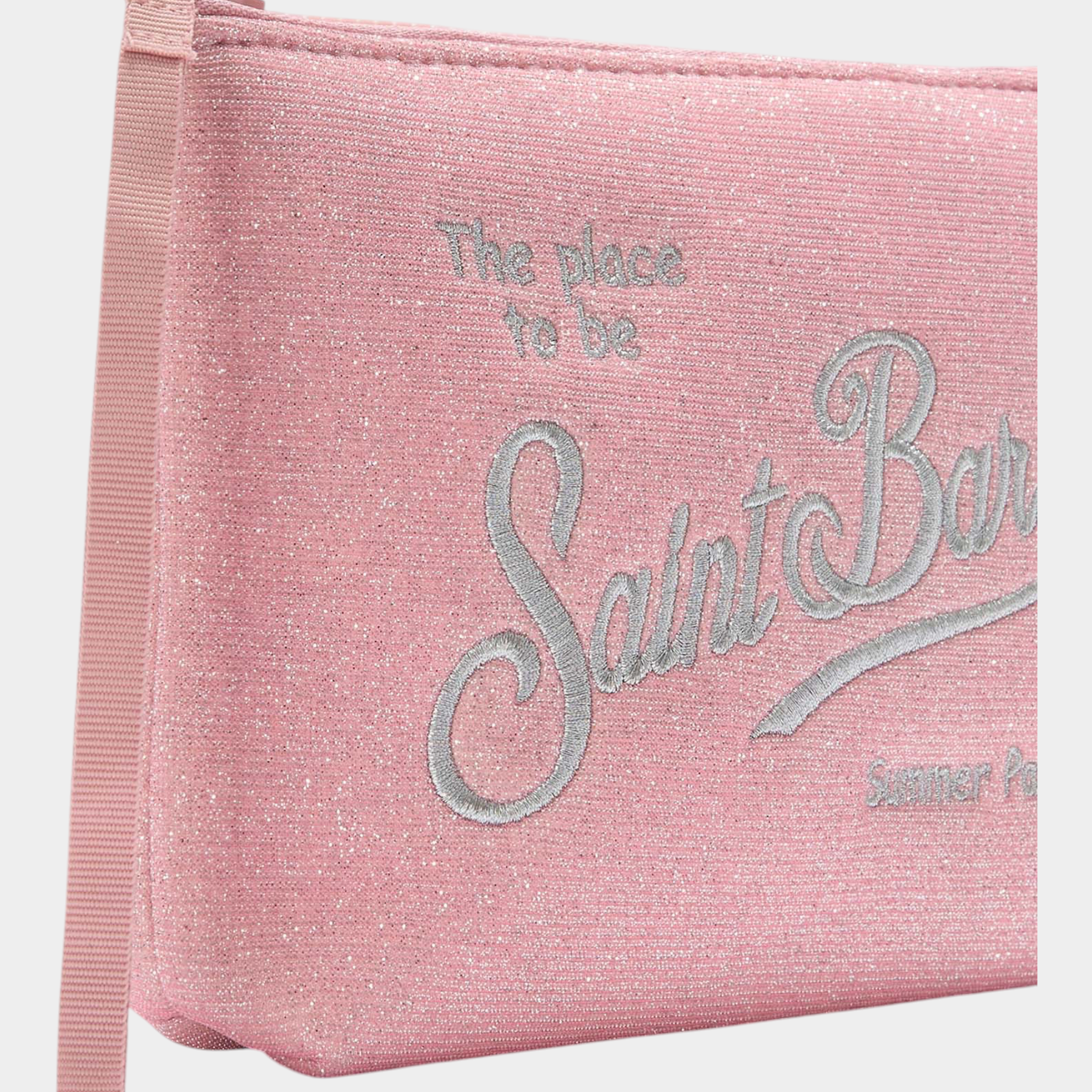 Pochette Follower SRL Aline rosa in lurex con scritta glitterata Saint Barth e chiusura a zip