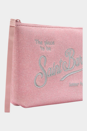 Pochette Follower SRL Aline rosa in lurex con scritta glitterata Saint Barth e chiusura a zip