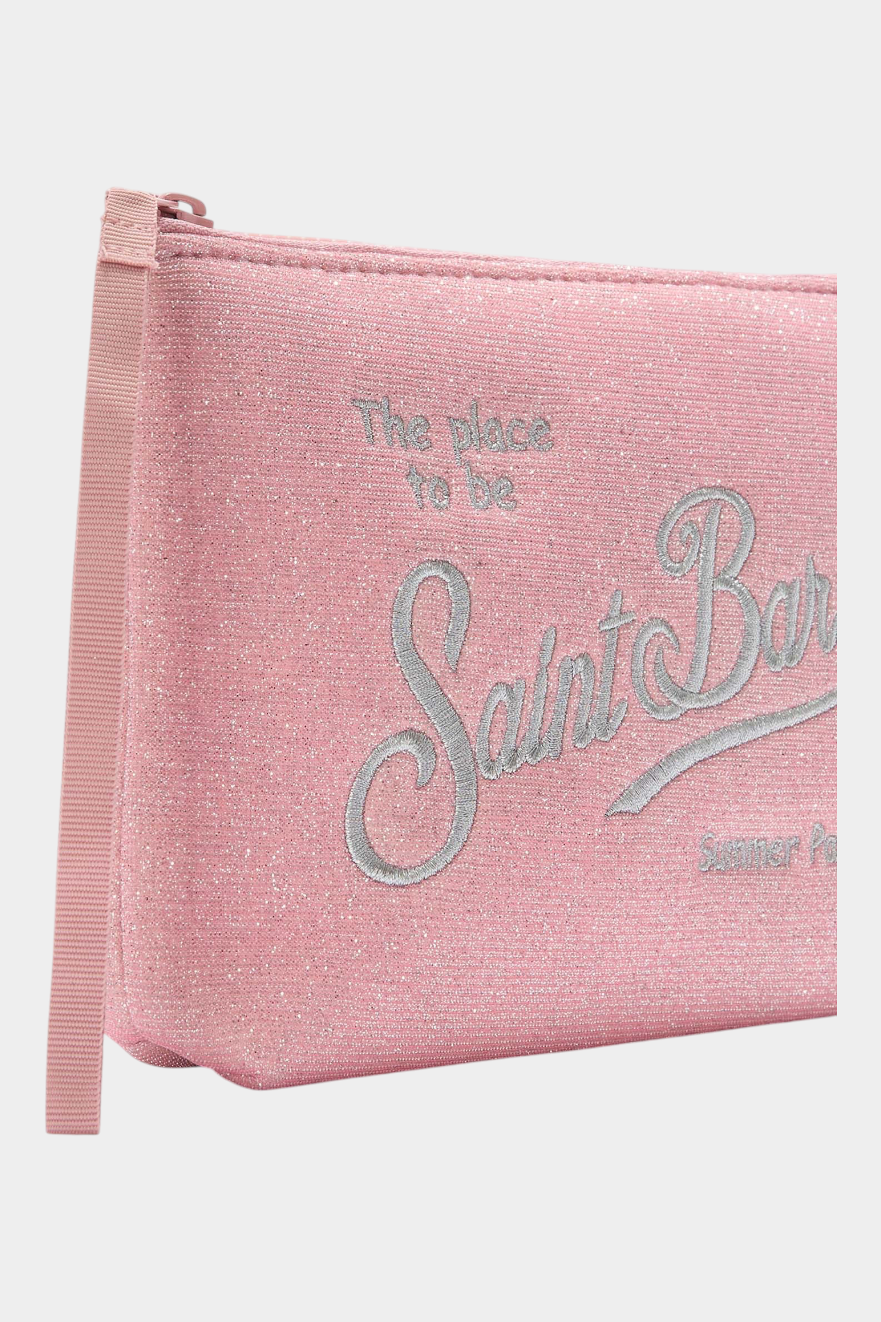 Pochette Follower SRL Aline rosa in lurex con scritta glitterata Saint Barth e chiusura a zip