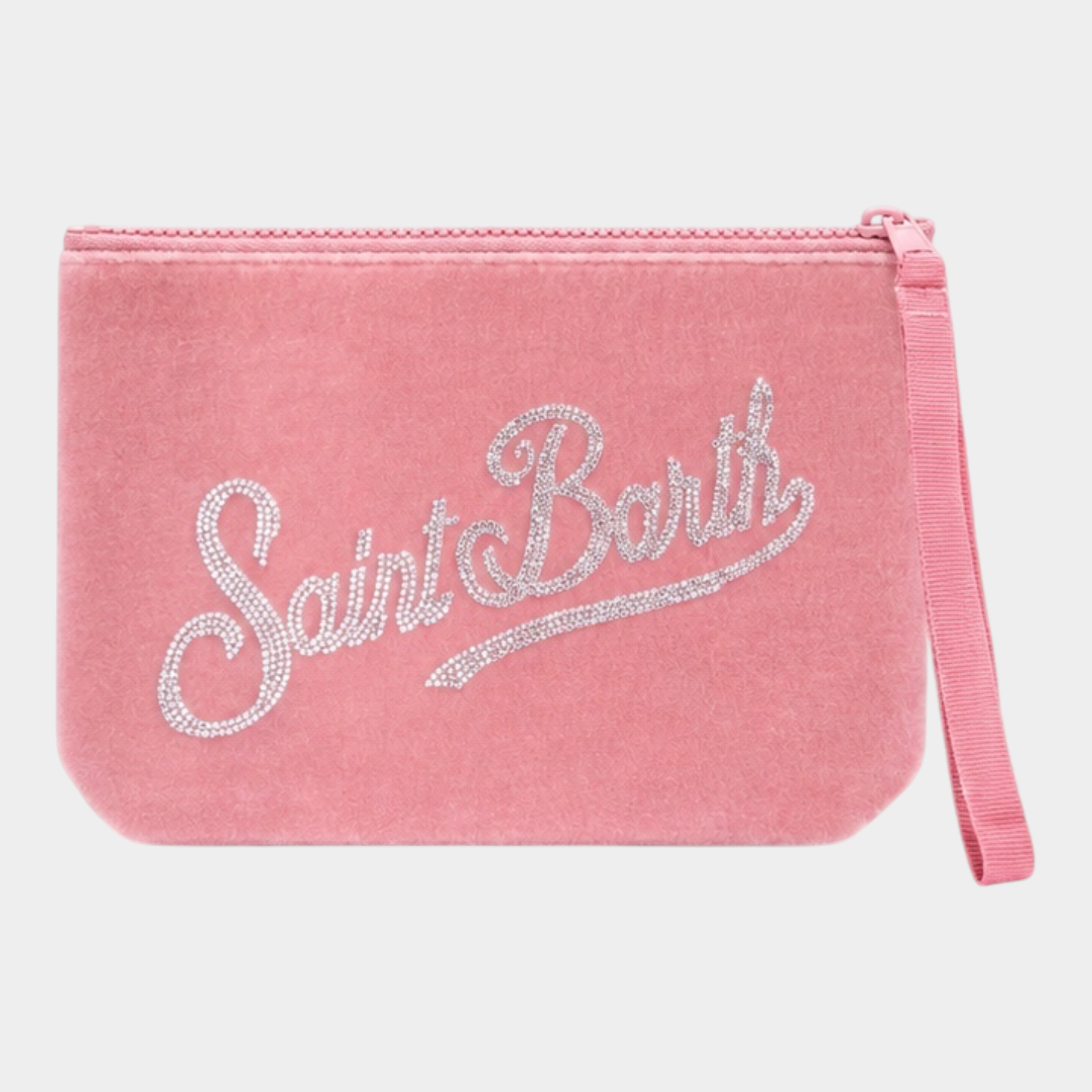 Pochette Aline Follower SRL in tessuto teddy rosa con ricamo logo Saint Barth scintillante e cinturino da polso