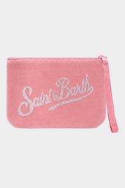 Pochette Aline Follower SRL in tessuto teddy rosa con ricamo logo Saint Barth scintillante e cinturino da polso