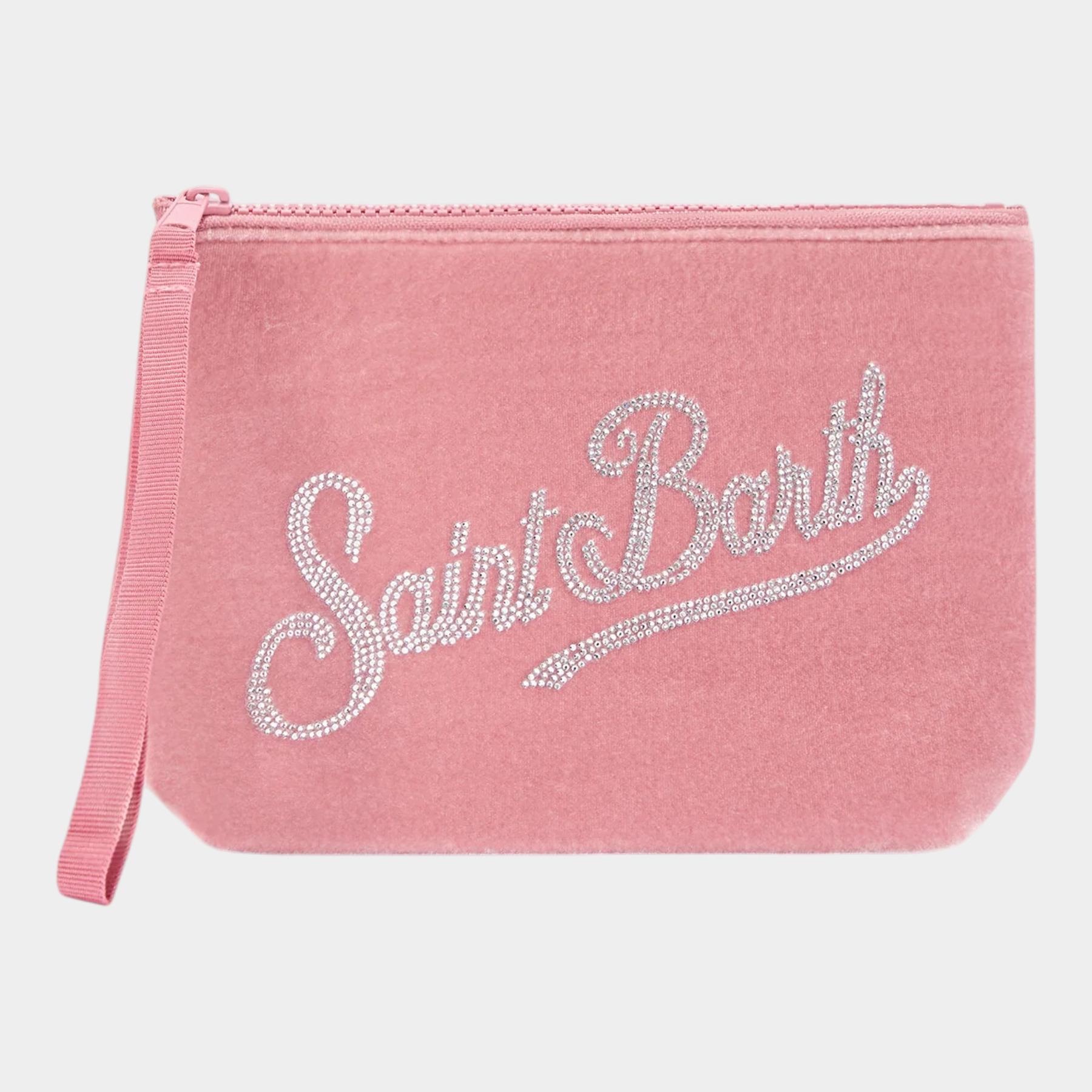 Pochette Follower SRL Aline in tessuto teddy rosa con logo Saint Barth ricamato e cinturino da polso