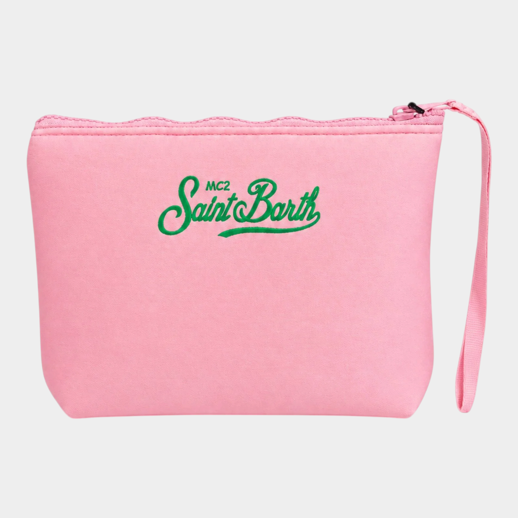 Pochette Follower SRL Aline rosa con logo MC2 Saint Barth verde ricamato e cinturino da polso