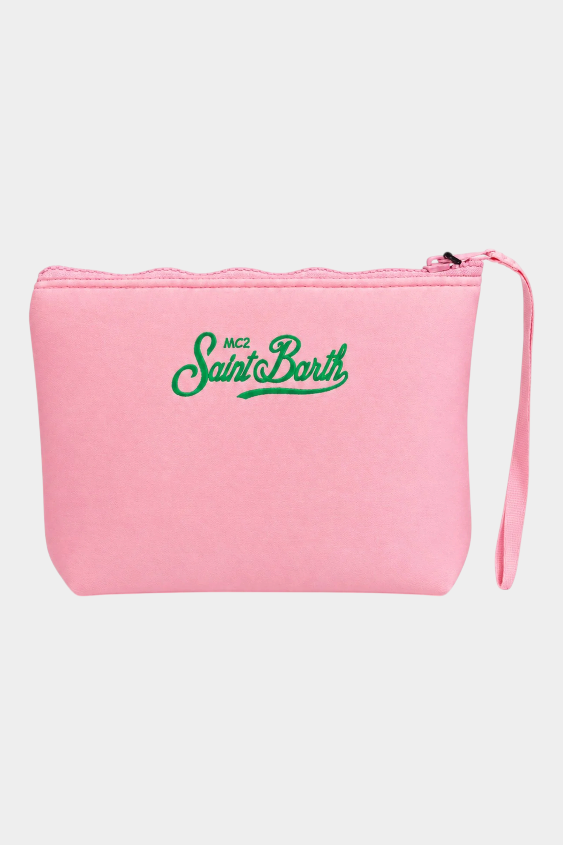 Pochette Follower SRL Aline rosa con logo MC2 Saint Barth verde ricamato e cinturino da polso