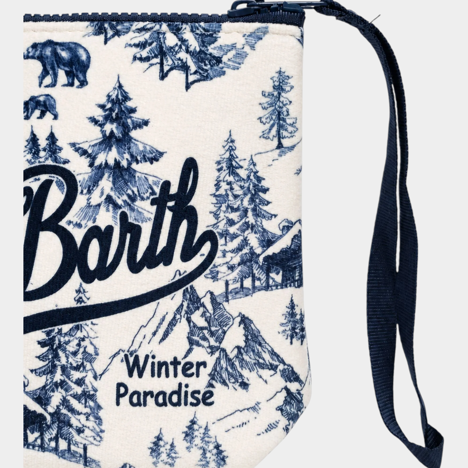 Pochette Aline Follower SRL in scuba bianco e blu con stampa invernale Winter Paradise e cinturino da polso