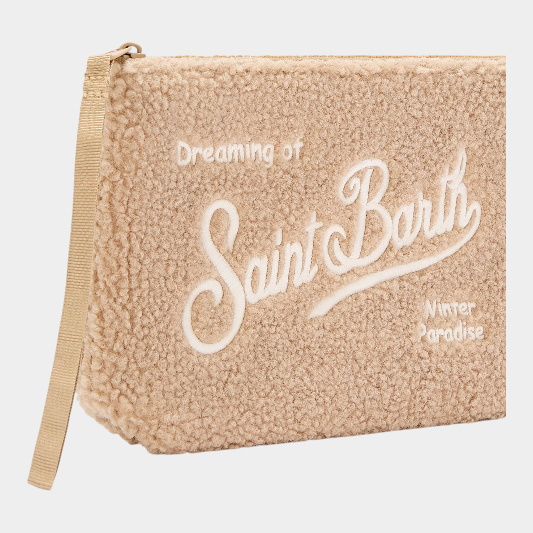 Pochette Follower SRL Aline in tessuto teddy color nocciola con ricamo logo Saint Barth e cinturino laterale