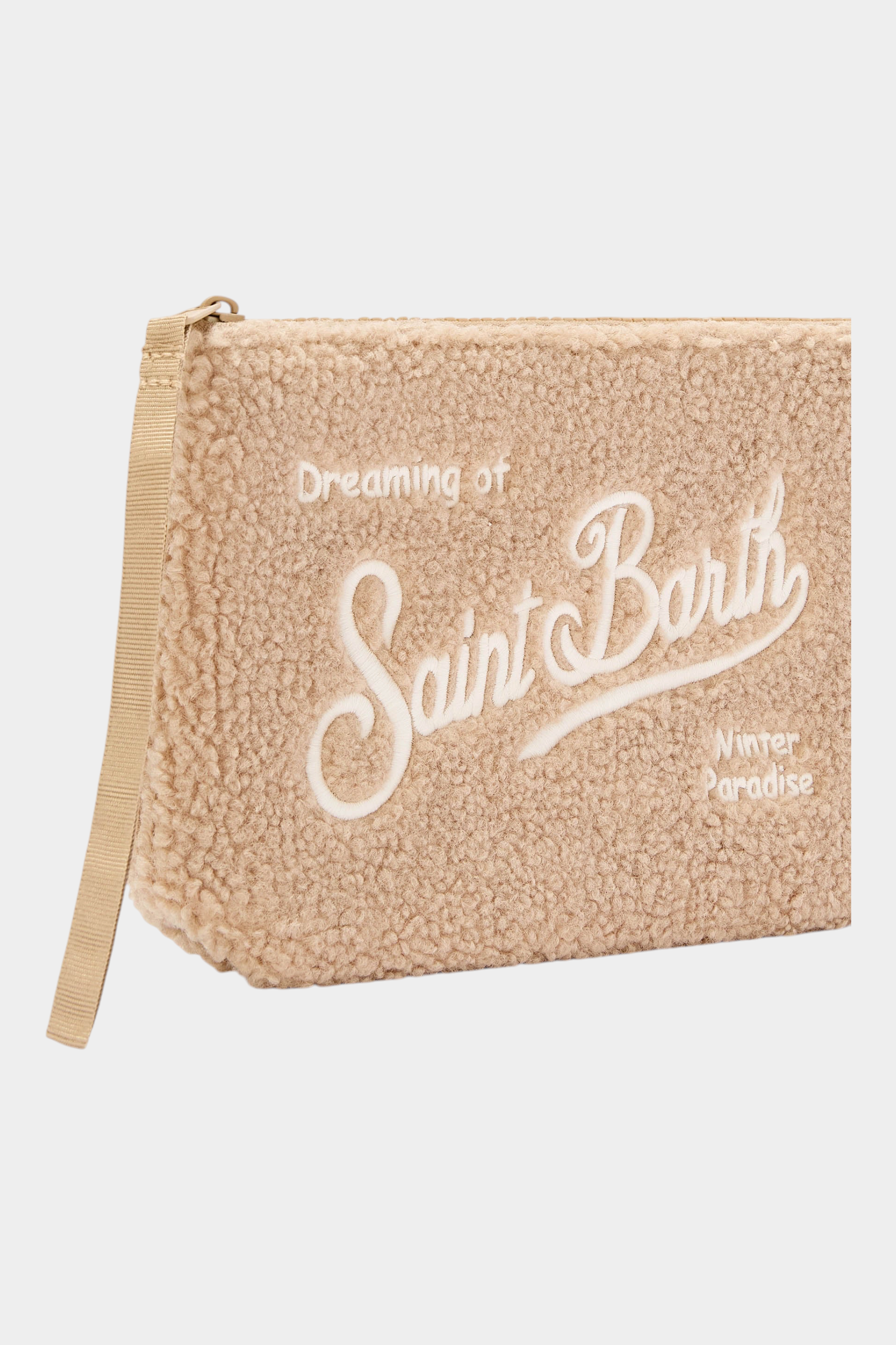 Pochette Follower SRL Aline in tessuto teddy color nocciola con ricamo logo Saint Barth e cinturino laterale