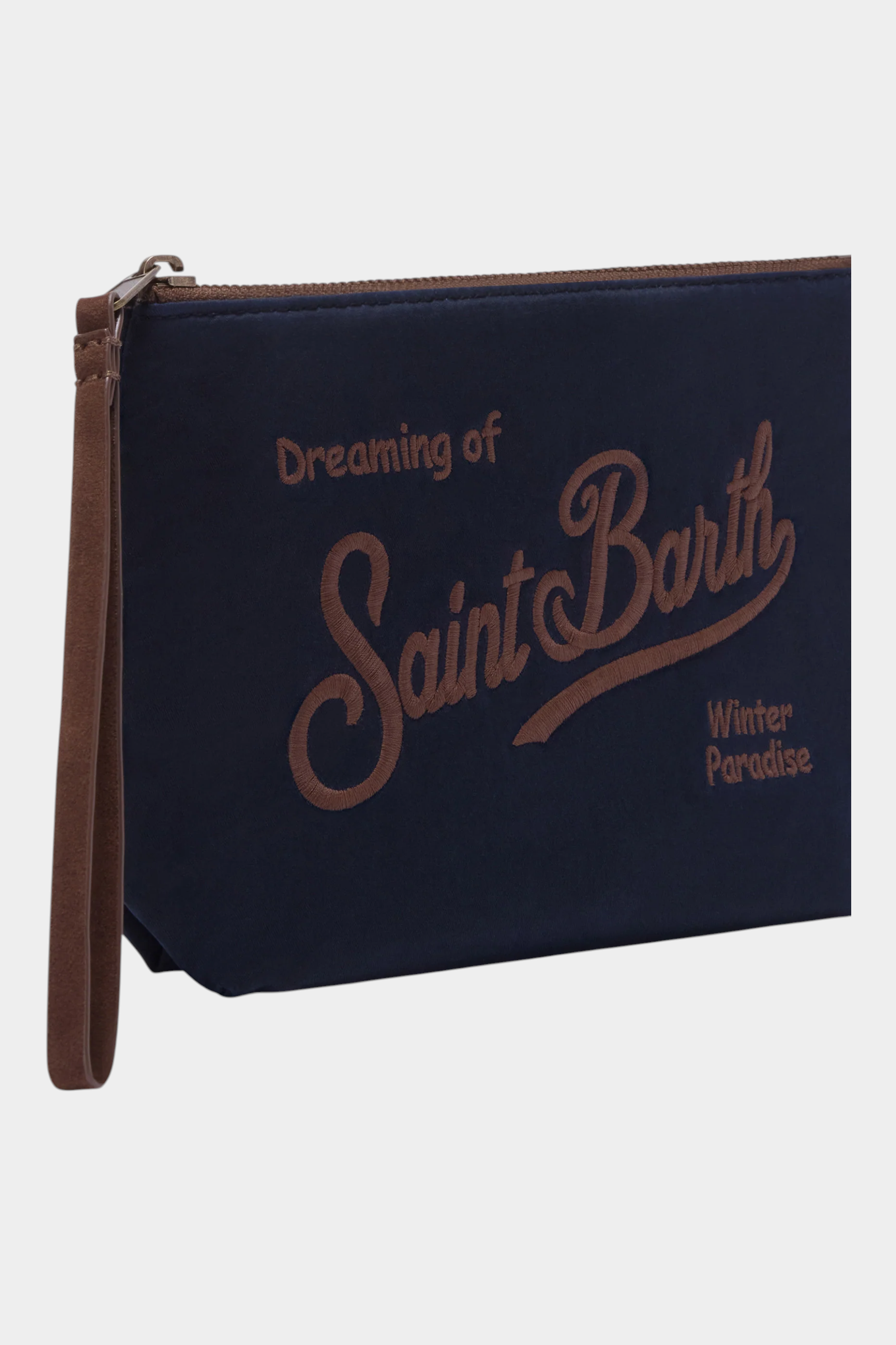 Pochette Follower SRL MC2 SAINT BARTH blu in tessuto cerato con ricamo logo marrone e cinturino da polso