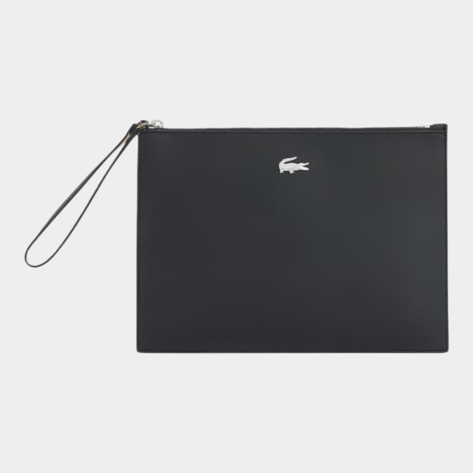 Pochette Follower SRL Lacoste in canvas piqué spalmato nero con logo coccodrillo argentato e cinturino da polso
