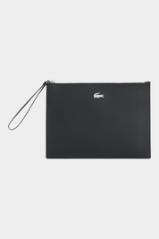 Pochette Follower SRL Lacoste in canvas piqué spalmato nero con logo coccodrillo argentato e cinturino da polso