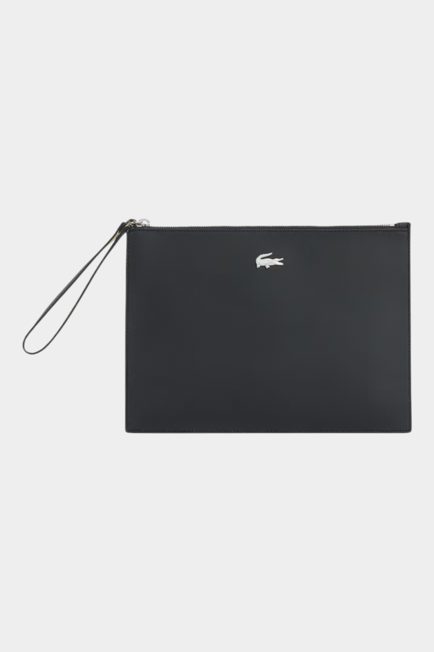 Pochette Follower SRL Lacoste in canvas piqué spalmato nero con logo coccodrillo argentato e cinturino da polso