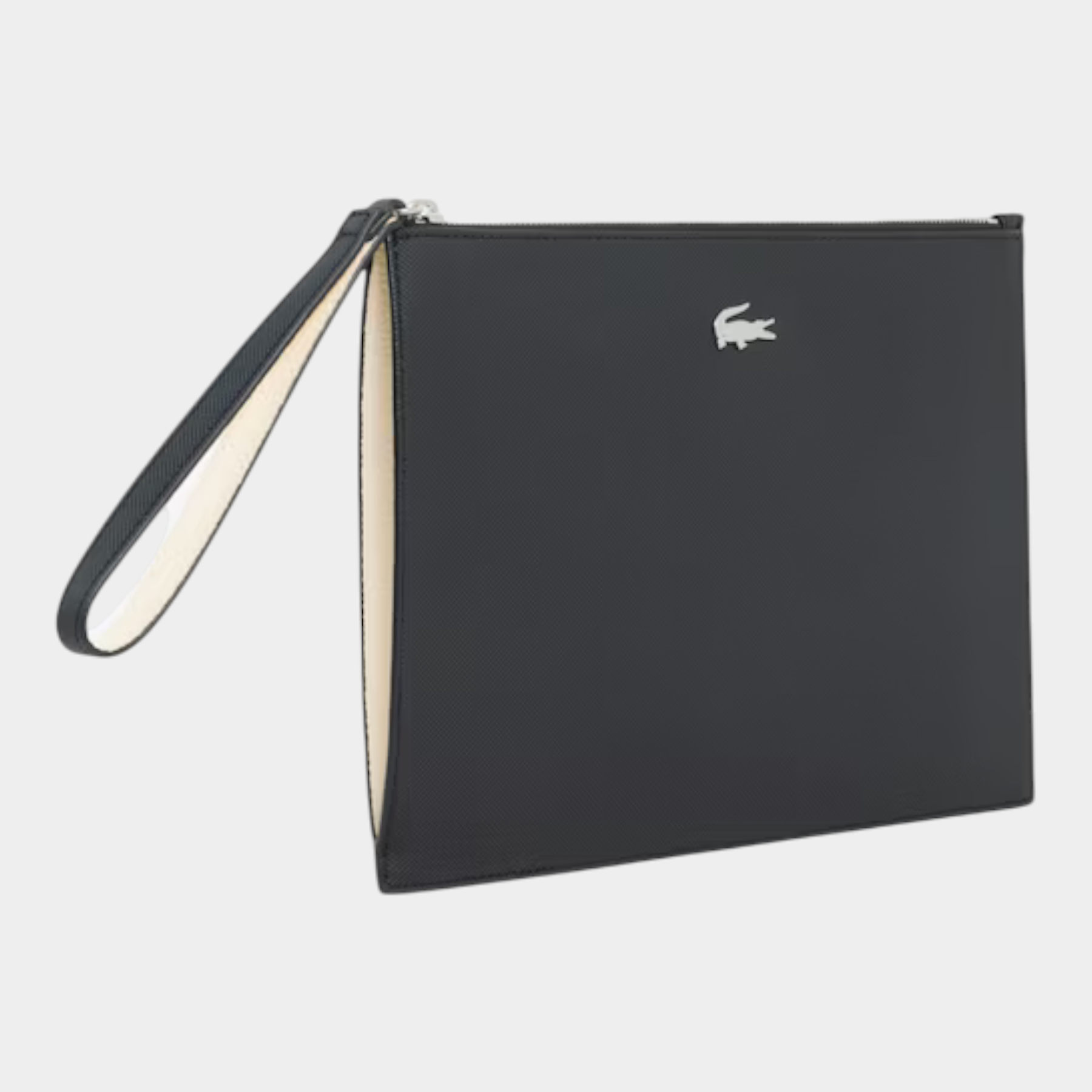 Pochette Follower SRL LACOSTE in canvas piqué spalmato nero con logo metallico e cinturino da polso