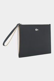 Pochette Follower SRL LACOSTE in canvas piqué spalmato nero con logo metallico e cinturino da polso