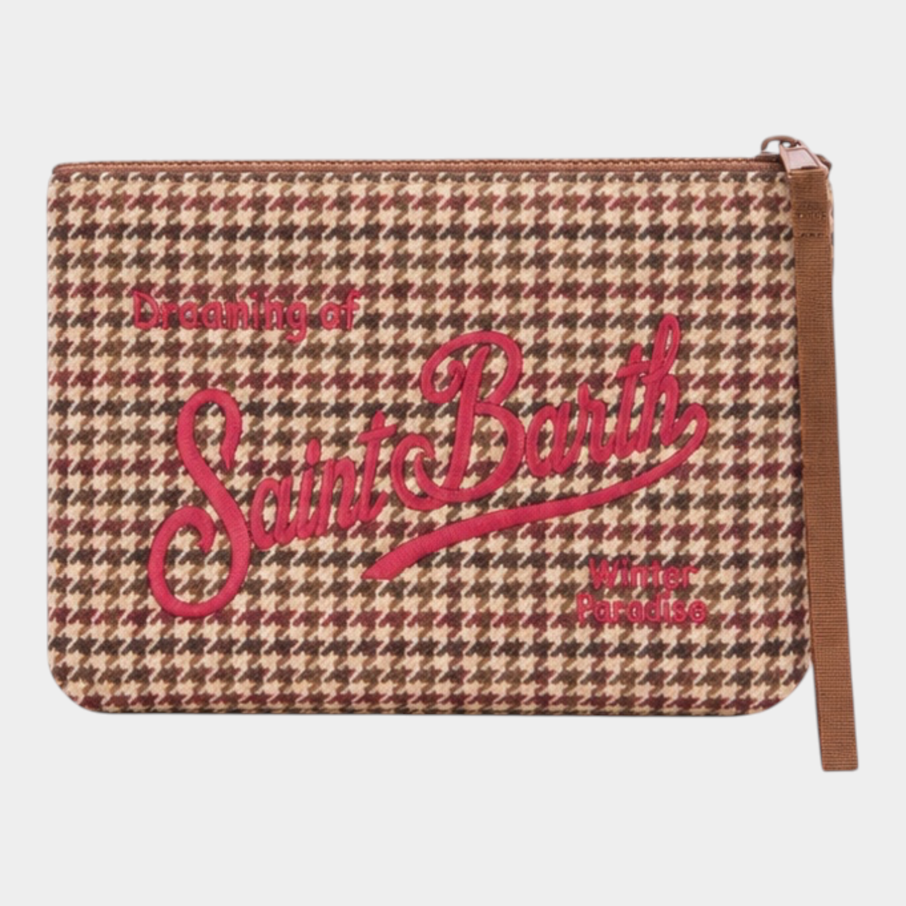 Pochette Follower SRL in misto lana marrone con motivo pied de poule e ricamo logo rosso
