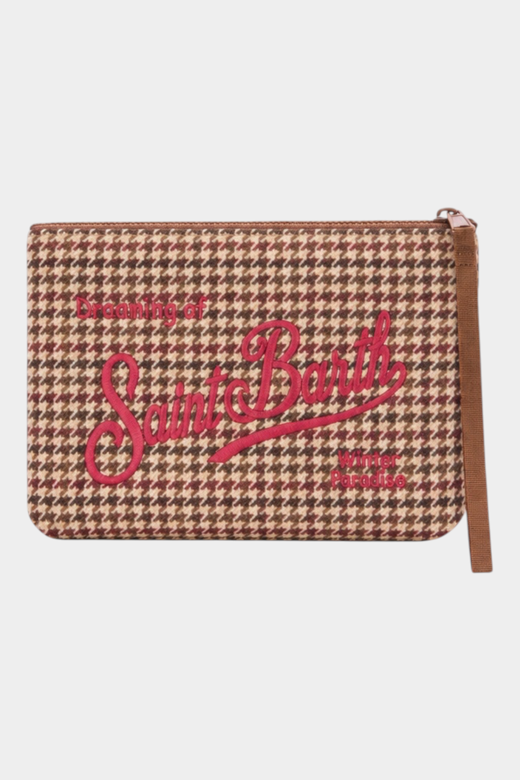 Pochette Follower SRL in misto lana marrone con motivo pied de poule e ricamo logo rosso