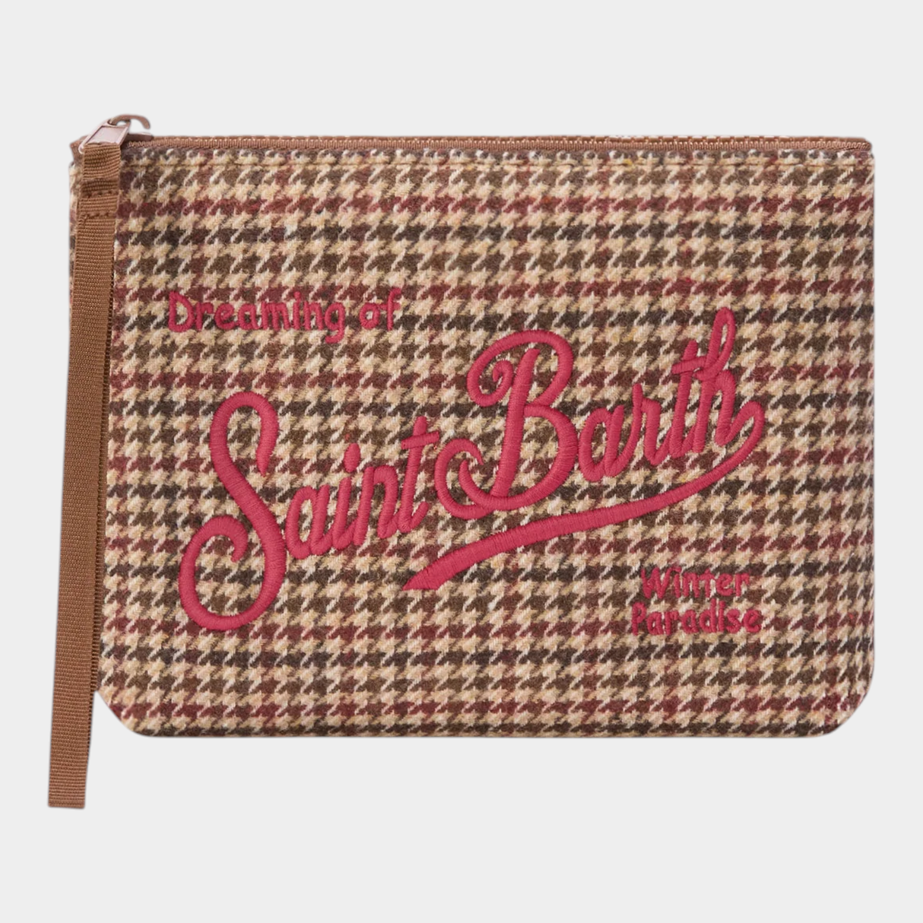 Pochette Follower SRL MC2 SAINT BARTH in misto lana marrone con motivo pied de poule e ricamo logo rosa