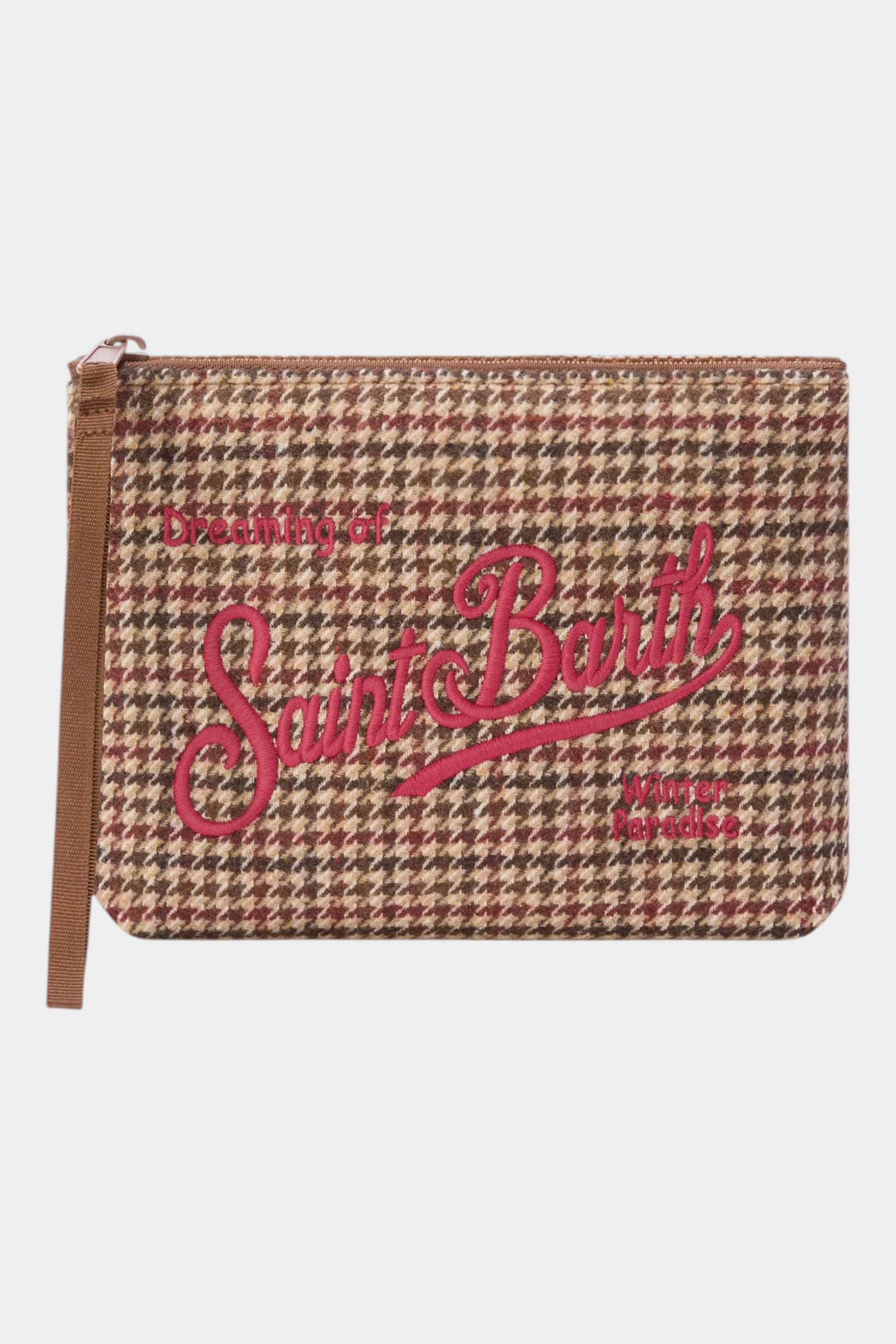 Pochette Follower SRL MC2 SAINT BARTH in misto lana marrone con motivo pied de poule e ricamo logo rosa