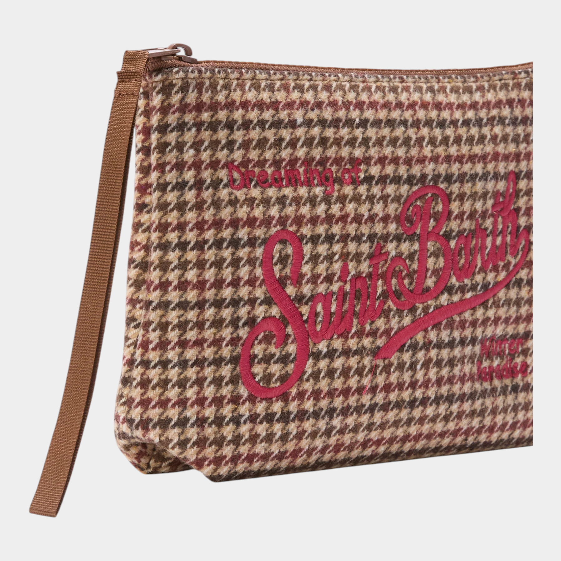 Pochette Follower SRL MC2 SAINT BARTH in misto lana marrone con motivo pied de poule e ricamo logo rosso