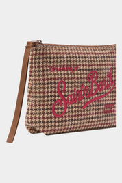 Pochette Follower SRL MC2 SAINT BARTH in misto lana marrone con motivo pied de poule e ricamo logo rosso