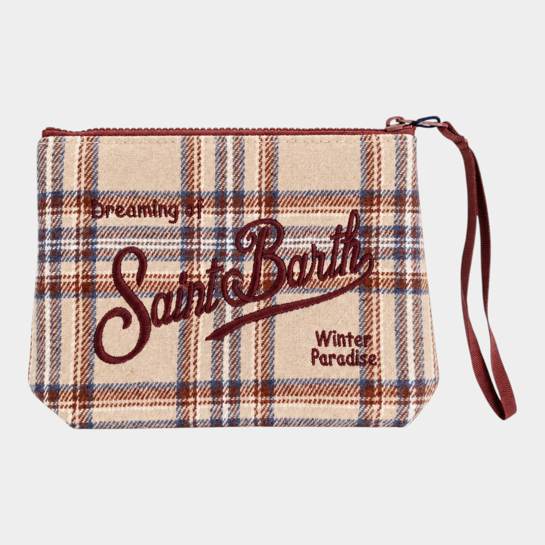 Pochette Follower SRL Aline in misto lana beige con motivo tartan, ricamo logo Saint Barth e cinturino da polso
