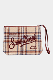 Pochette Follower SRL Aline in misto lana beige con motivo tartan, ricamo logo Saint Barth e cinturino da polso