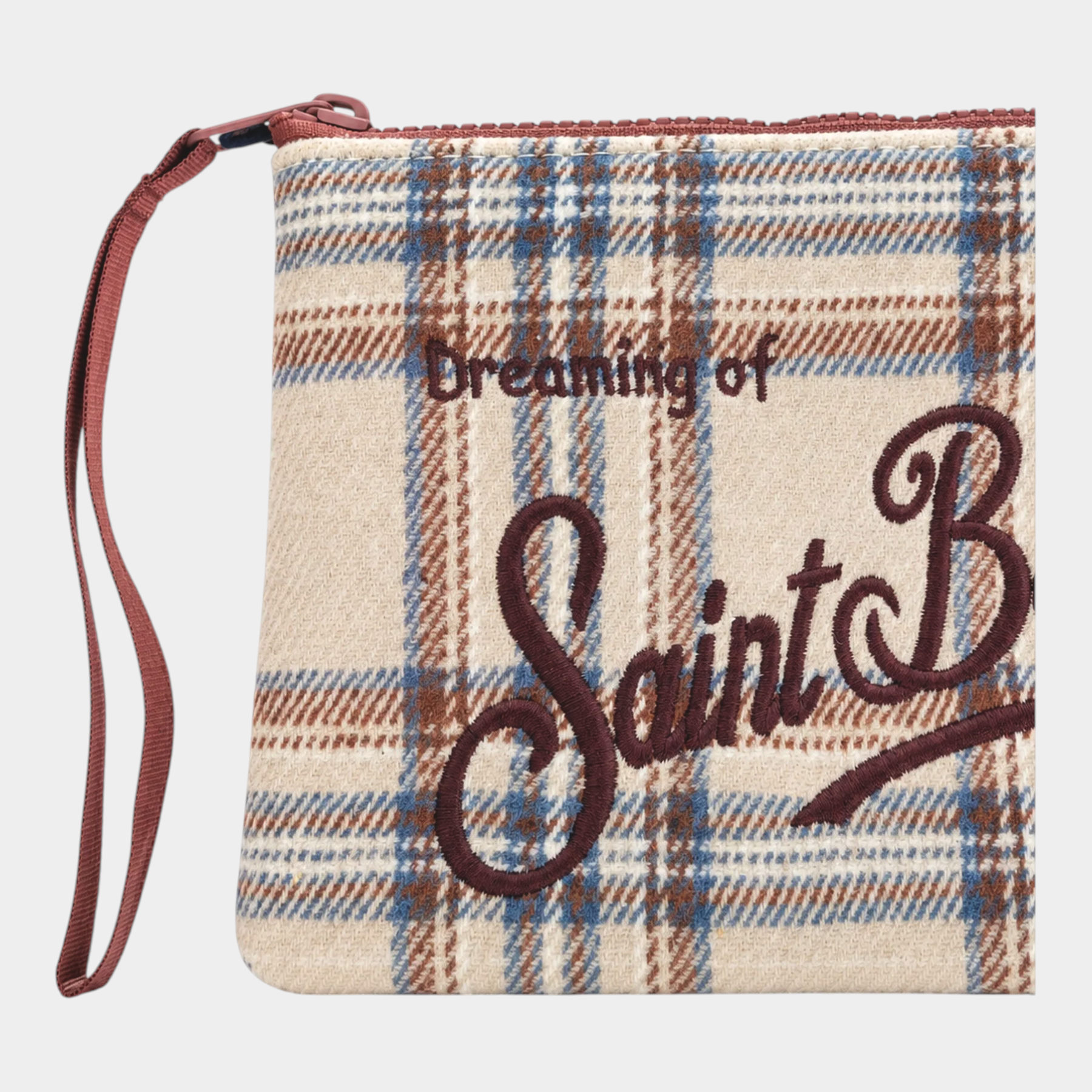 Pochette Follower SRL Aline in misto lana beige con motivo tartan, ricamo Saint Barth e cinturino da polso bordeaux