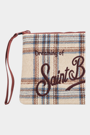 Pochette Follower SRL Aline in misto lana beige con motivo tartan, ricamo Saint Barth e cinturino da polso bordeaux