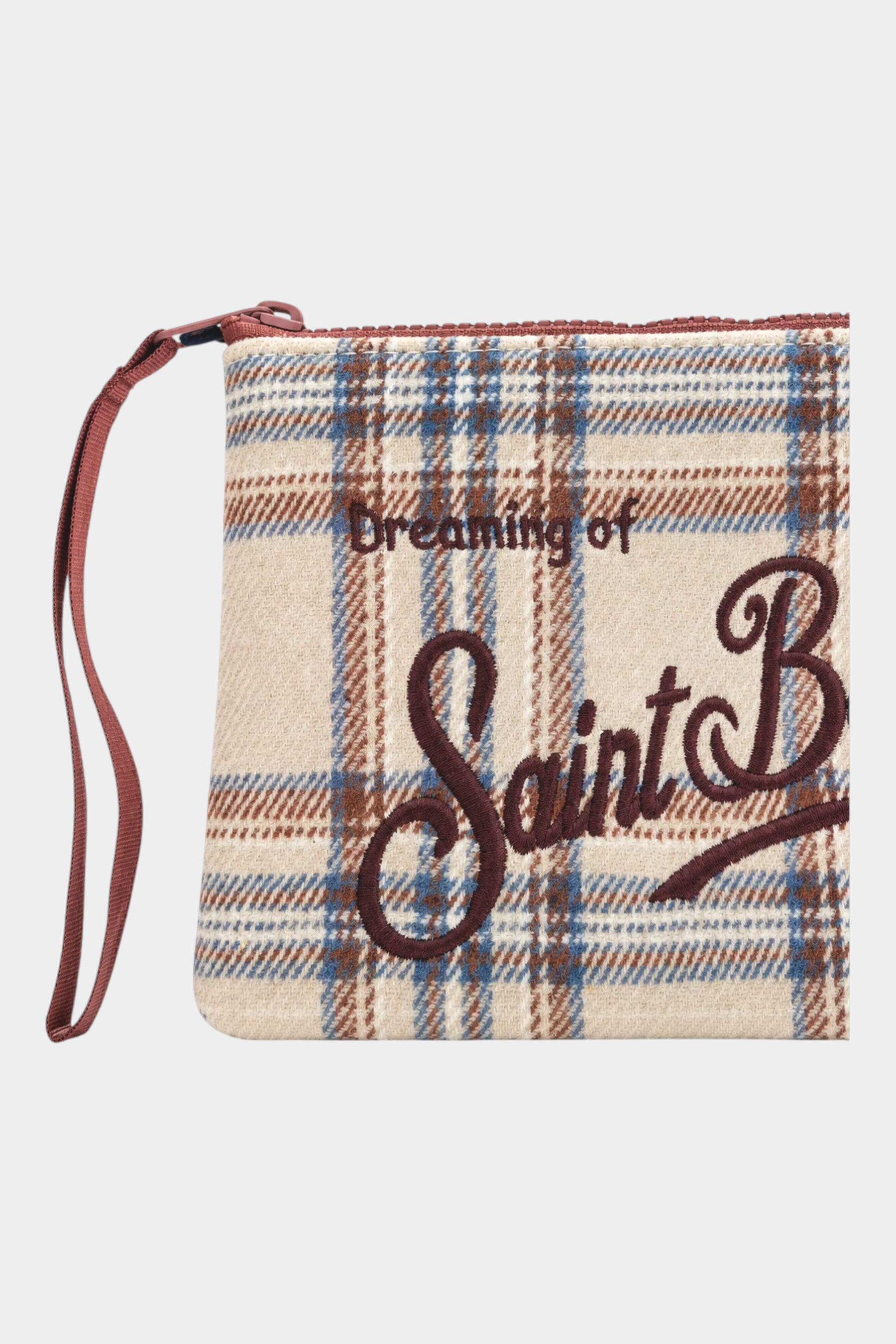 Pochette Follower SRL Aline in misto lana beige con motivo tartan, ricamo Saint Barth e cinturino da polso bordeaux