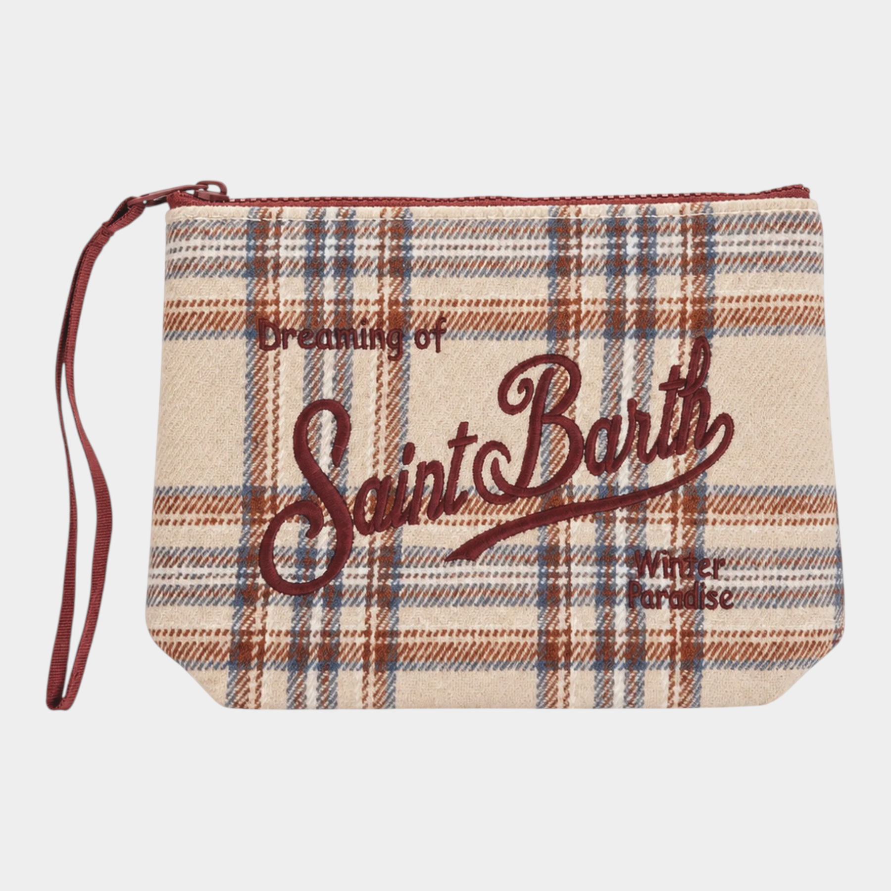 Pochette Follower SRL in misto lana beige con motivo tartan, ricamo logo rosso e cinturino da polso