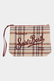 Pochette Follower SRL in misto lana beige con motivo tartan, ricamo logo rosso e cinturino da polso