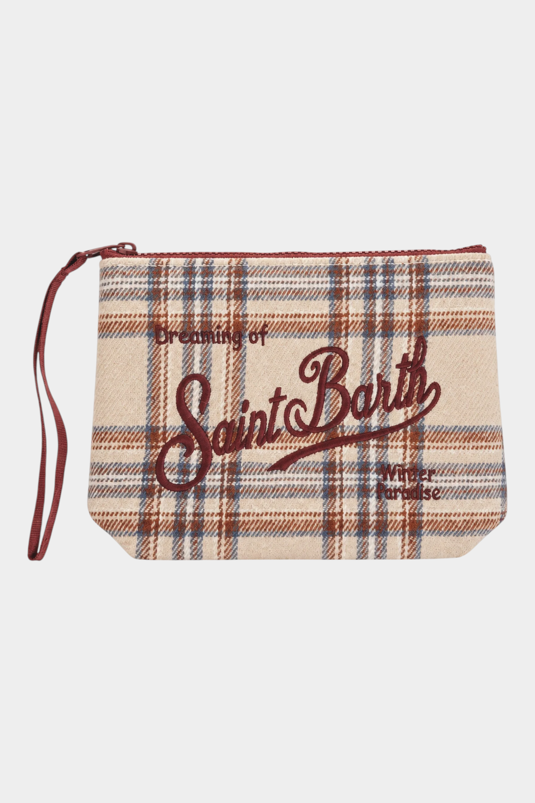 Pochette Follower SRL in misto lana beige con motivo tartan, ricamo logo rosso e cinturino da polso
