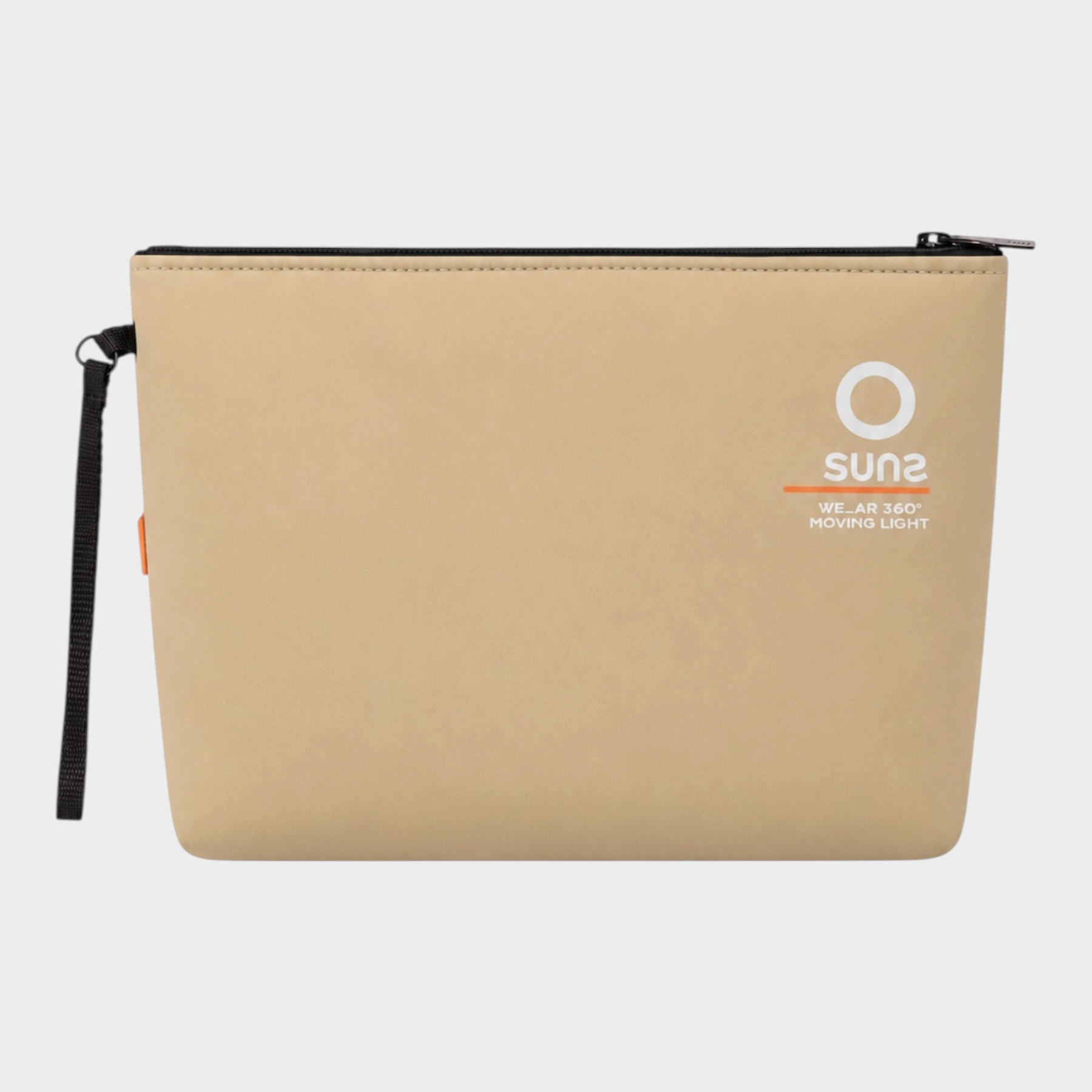 Pochette unisex Follower SRL in neoprene beige con logo SUNS BOARDS e cinturino da polso nero