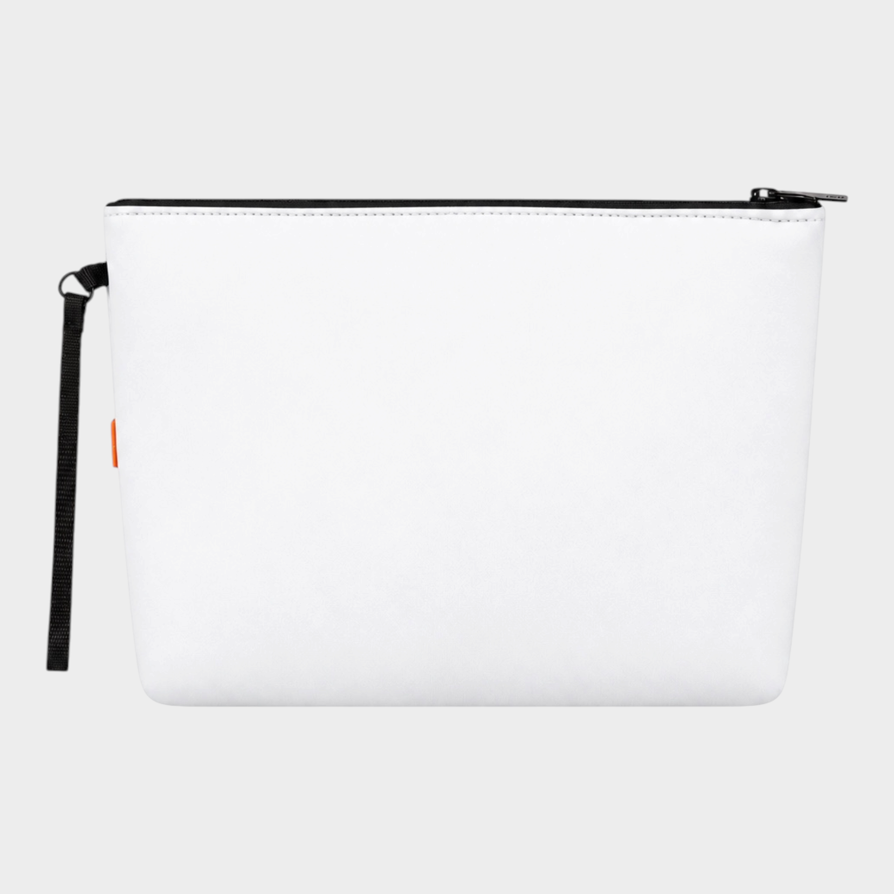 Pochette unisex bianca in neoprene SUNS BOARDS di Follower SRL con chiusura a zip nera e cinturino da polso
