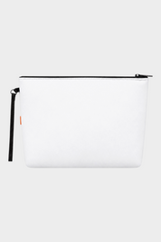 Pochette unisex bianca in neoprene SUNS BOARDS di Follower SRL con chiusura a zip nera e cinturino da polso